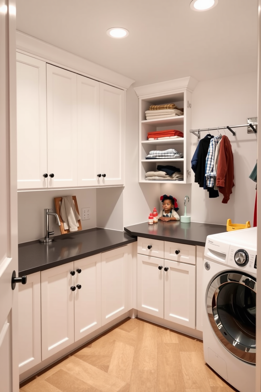 A bright and organized laundry area features built-in cabinets for functional storage solutions. The space includes a sleek countertop for folding clothes and a stylish drying rack mounted on the wall. The unfinished basement design incorporates versatile spaces for entertainment and relaxation. It showcases a cozy seating area with comfortable furniture and a designated play zone for children, all while maintaining an open layout.