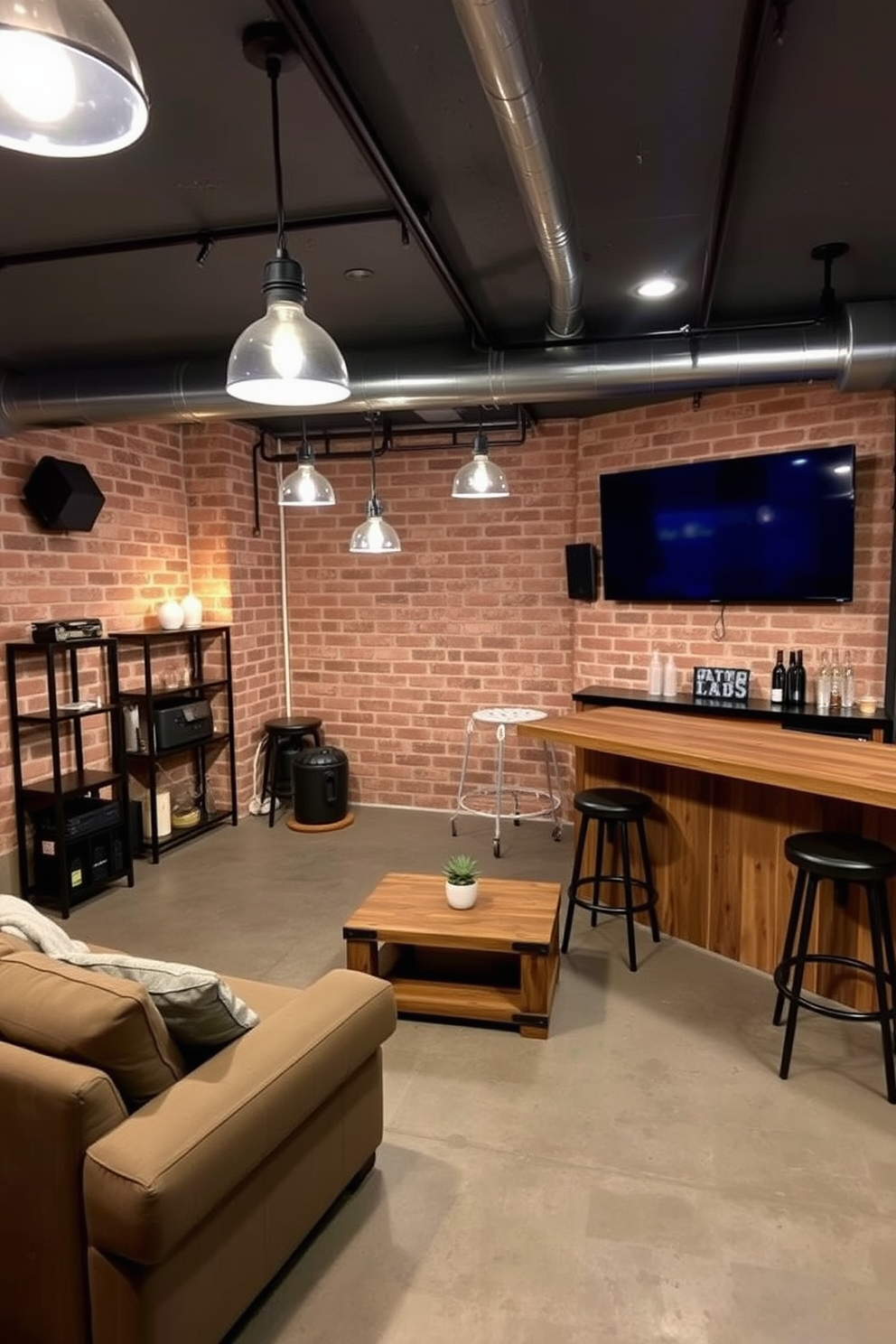 A stylish unfinished basement man cave featuring industrial style lighting fixtures that create a warm and inviting atmosphere. The space is furnished with a comfortable sectional sofa, a rustic wooden coffee table, and a large flat-screen TV mounted on the wall. Exposed brick walls and concrete flooring enhance the industrial aesthetic, while pendant lights hang from the ceiling to provide ample illumination. A bar area with high stools and a reclaimed wood countertop adds functionality and charm to the overall design.