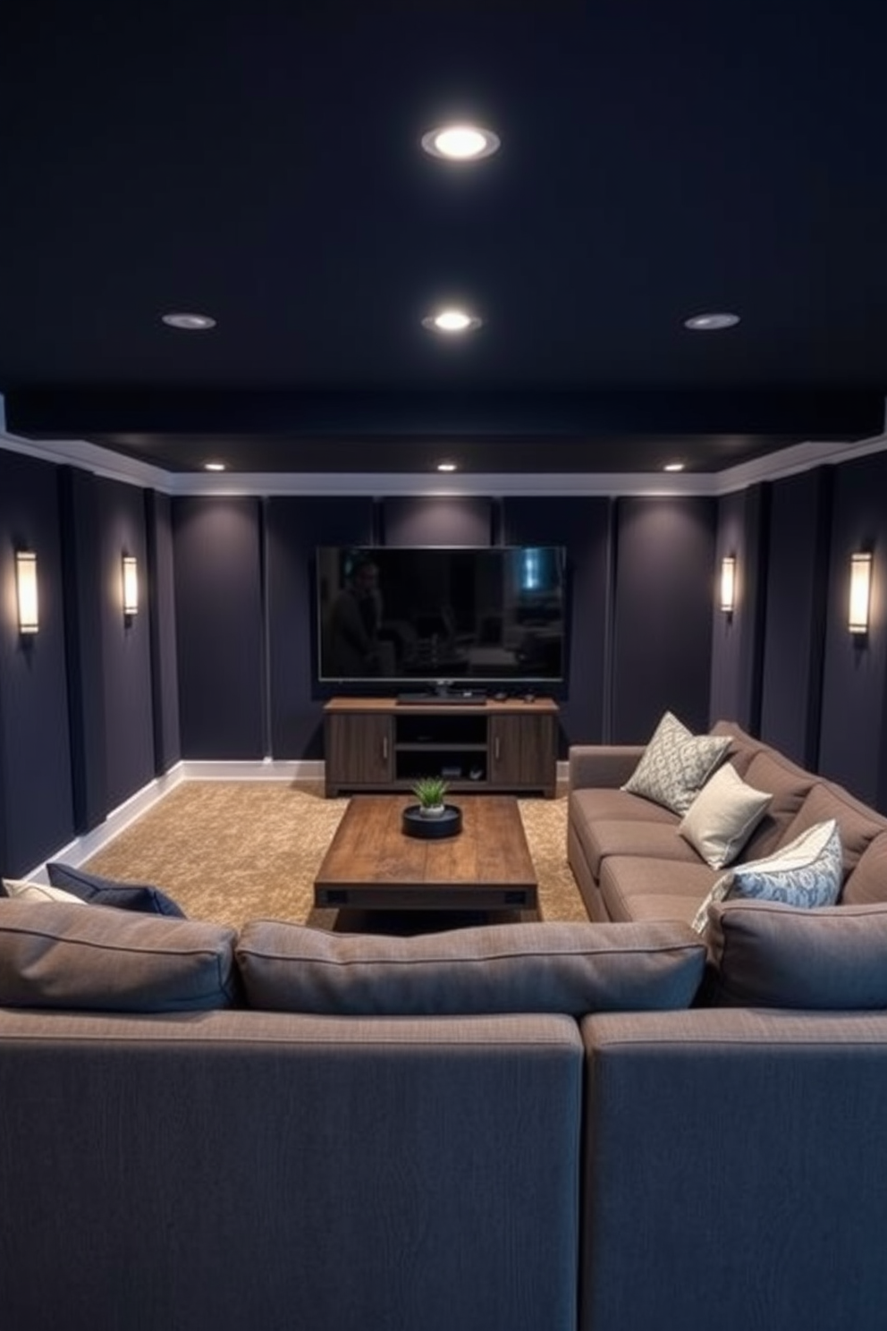 Soundproof walls for quiet enjoyment. The walls are lined with acoustic panels in a deep navy blue, creating a serene atmosphere. Unfinished basement man cave design ideas. The space features a cozy sectional sofa facing a large flat-screen TV, with a rustic wooden coffee table in the center.