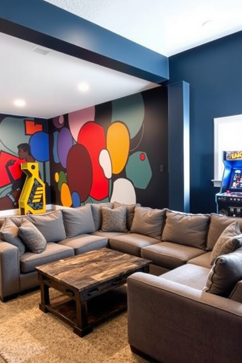 A striking artistic mural adorns one wall of the unfinished basement, featuring abstract shapes and vibrant colors that create a focal point in the space. The remaining walls are painted in a deep navy blue, enhancing the cozy atmosphere of the man cave. Comfortable seating options include a large sectional sofa upholstered in soft gray fabric, positioned around a rustic wooden coffee table. A vintage arcade game stands in one corner, inviting entertainment and nostalgia for guests.