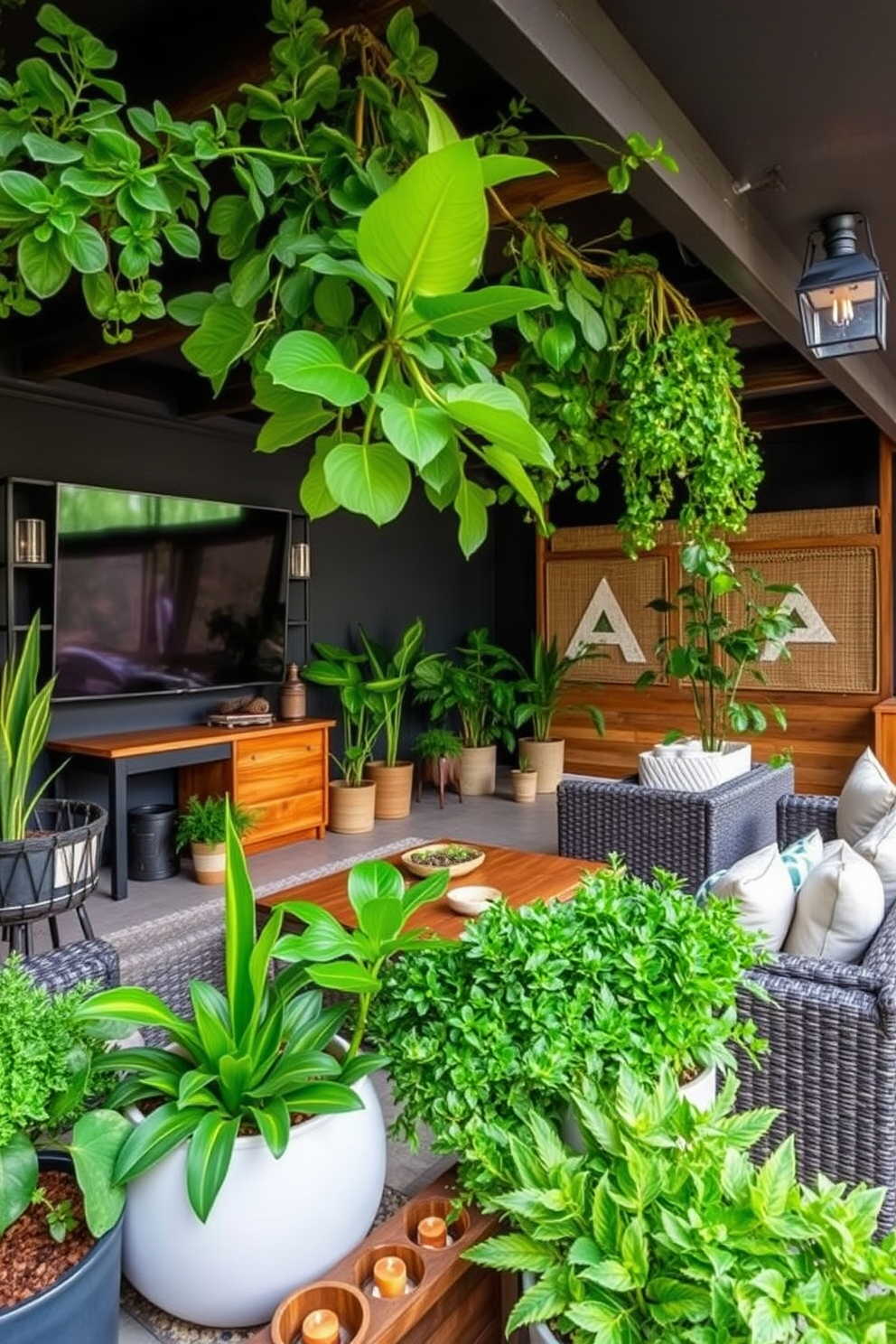 Outdoor themed decor with greenery. Incorporate various indoor plants in decorative pots, creating a vibrant and refreshing atmosphere. Use natural materials like wood and stone to enhance the connection with nature, and add outdoor-inspired elements such as lanterns and woven textures. Unfinished basement man cave design ideas. Create a cozy lounge area with comfortable seating and a large screen for entertainment. Use dark paint colors and industrial lighting to give the space a relaxed yet stylish vibe, while incorporating games and personal touches like sports memorabilia.