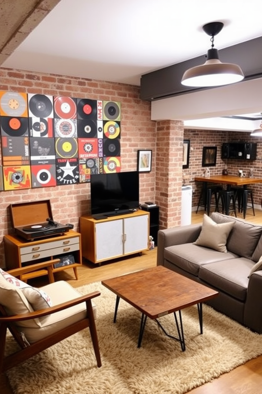 A cozy retro vinyl record player setup featuring a vintage wooden record player on a mid-century modern console table. Surrounding the setup are colorful vinyl records displayed on the wall, with a plush area rug beneath and a couple of comfortable lounge chairs for an inviting listening experience. An unfinished basement transformed into a stylish man cave with exposed brick walls and industrial lighting fixtures. The space includes a large sectional sofa, a rustic coffee table, and a bar area with high stools, creating an ideal spot for relaxation and entertainment.