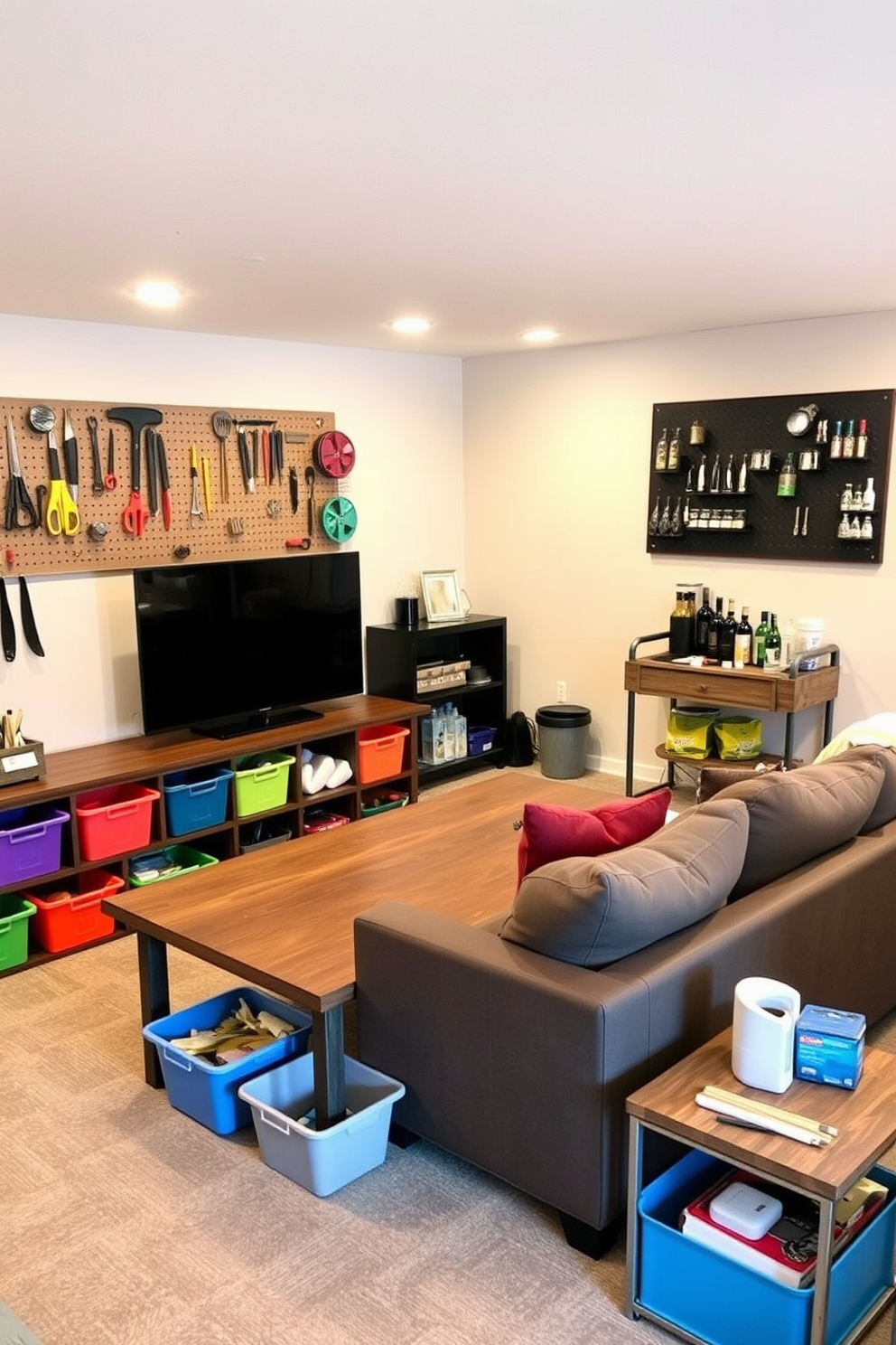 A cozy DIY craft station for hobbies. The space features a large wooden table surrounded by colorful storage bins filled with supplies, and a pegboard on the wall displaying various tools and materials. An inviting unfinished basement man cave design. The area includes a plush sectional sofa facing a large flat-screen TV, with a rustic bar cart in the corner stocked with drinks and snacks.