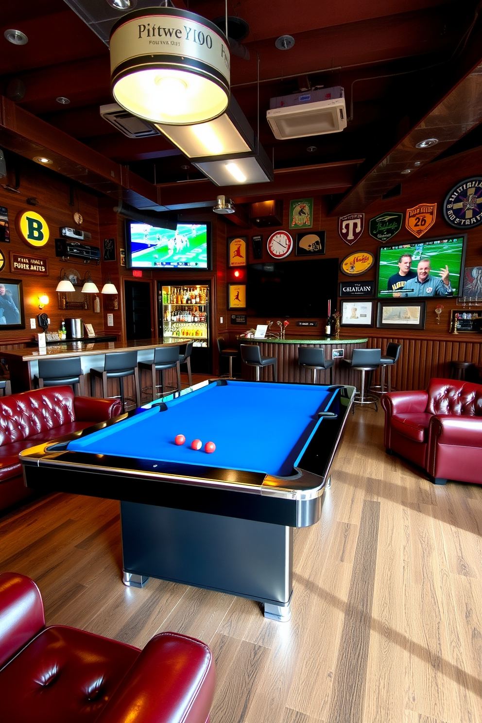 A vibrant game zone featuring a sleek pool table as the centerpiece. Surrounding the table are comfortable leather seating options and a stylish bar area stocked with drinks. The walls are adorned with vintage sports memorabilia and warm lighting creates an inviting atmosphere. A large flat-screen TV is mounted for viewing sports events, enhancing the man cave experience.