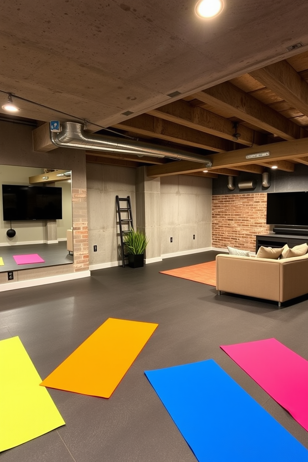 A versatile multi-purpose space designed for workouts features a sleek rubber flooring that provides durability and comfort. The area is equipped with a wall-mounted mirror to enhance the sense of space, and colorful workout mats are neatly arranged for yoga and stretching sessions. In an unfinished basement, the man cave design incorporates exposed beams and concrete walls for an industrial feel. Comfortable seating options like a plush sectional sofa and a large flat-screen TV create an inviting atmosphere for relaxation and entertainment.