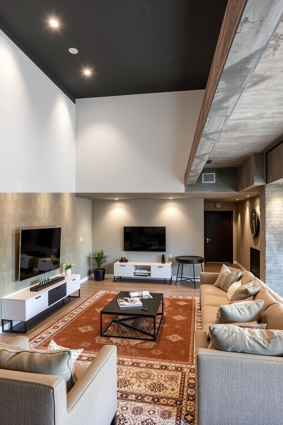 A modern living room featuring smart home technology seamlessly integrated into the design. The walls are adorned with sleek smart panels that control lighting and temperature, while a large flat-screen TV is mounted above a minimalist entertainment center. An unfinished basement transformed into a stylish man cave with comfortable seating and a bar area. Exposed beams and concrete walls create an industrial vibe, complemented by cozy rugs and ambient lighting for a welcoming atmosphere.