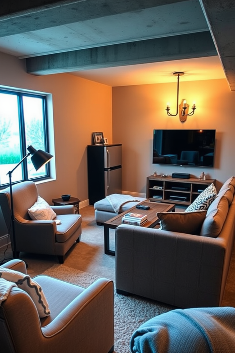 Cozy reading nook with good lighting. A plush armchair is positioned next to a large window, allowing natural light to flood the space. Soft throw blankets and a stack of books are arranged on a small side table. The walls are painted in a warm beige tone, and a stylish floor lamp provides additional illumination for evening reading. Unfinished basement man cave design ideas. The space features a large sectional sofa facing a mounted flat-screen TV, with a rustic coffee table in the center. Exposed beams and concrete walls create an industrial vibe, while warm lighting fixtures add a cozy touch. A mini-fridge and bar area are tucked into one corner, perfect for entertaining guests.