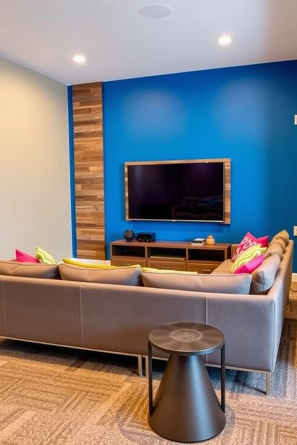 Colorful accent walls for personality. A vibrant blue wall serves as a backdrop for a sleek modern sofa adorned with bright throw pillows. Unfinished Basement Man Cave Design Ideas. The space features a cozy sectional couch facing a large flat-screen TV mounted on a reclaimed wood accent wall.