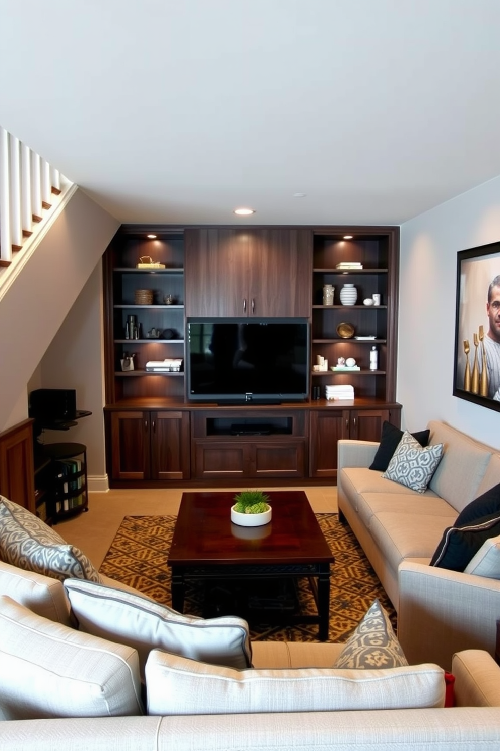 Under stair storage for organization. A sleek built-in shelving unit is seamlessly integrated into the space, featuring closed cabinets for hidden storage and open shelves for decorative items. The walls are painted in a soft gray, and warm lighting highlights the functionality of the area. Unfinished basement man cave design ideas. Cozy seating is arranged around a central coffee table, with a large flat-screen TV mounted on the wall opposite. The space is accented with dark wood paneling, and a mini bar is set up in one corner, creating an inviting atmosphere for relaxation and entertainment.