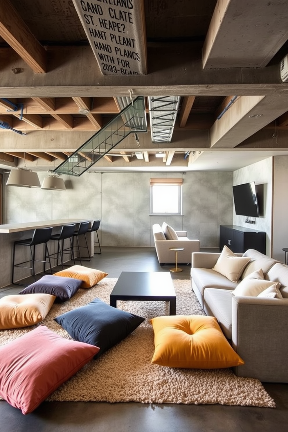 A cozy area featuring floor cushions in various colors and textures, arranged around a low coffee table. The cushions are placed on a soft area rug, creating an inviting space for relaxation and conversation. An unfinished basement transformed into a man cave with exposed beams and concrete walls. The design includes a large sectional sofa, a bar area with high stools, and a wall-mounted television for entertainment.