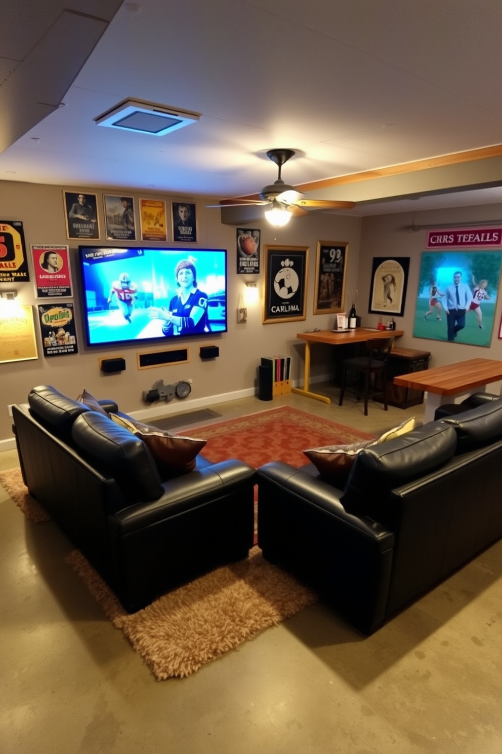 A stylish unfinished basement designed as a man cave, featuring a large sectional sofa in dark leather facing a big screen TV mounted on the wall. The space is adorned with vintage cinema posters and sports memorabilia, creating a relaxed atmosphere for entertainment and leisure. A cozy bar area is set up in one corner, with high-top stools and a reclaimed wood bar counter. Soft ambient lighting highlights the space while a plush area rug adds warmth to the concrete floor, making it an inviting retreat for friends and family.