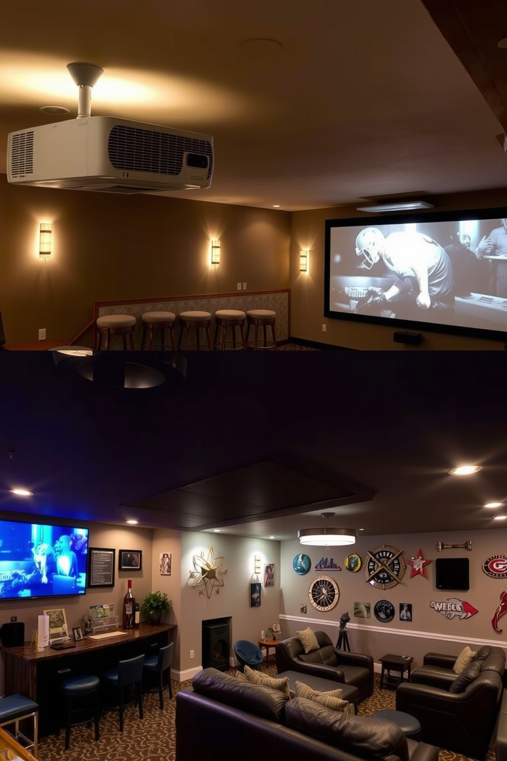 A luxurious home theater featuring a large screen projector mounted on the wall. Plush reclining seats are arranged in a tiered layout, with ambient lighting enhancing the cinematic experience. An unfinished basement transformed into a stylish man cave. The space includes a custom bar area, comfortable lounge seating, and sports memorabilia adorning the walls.