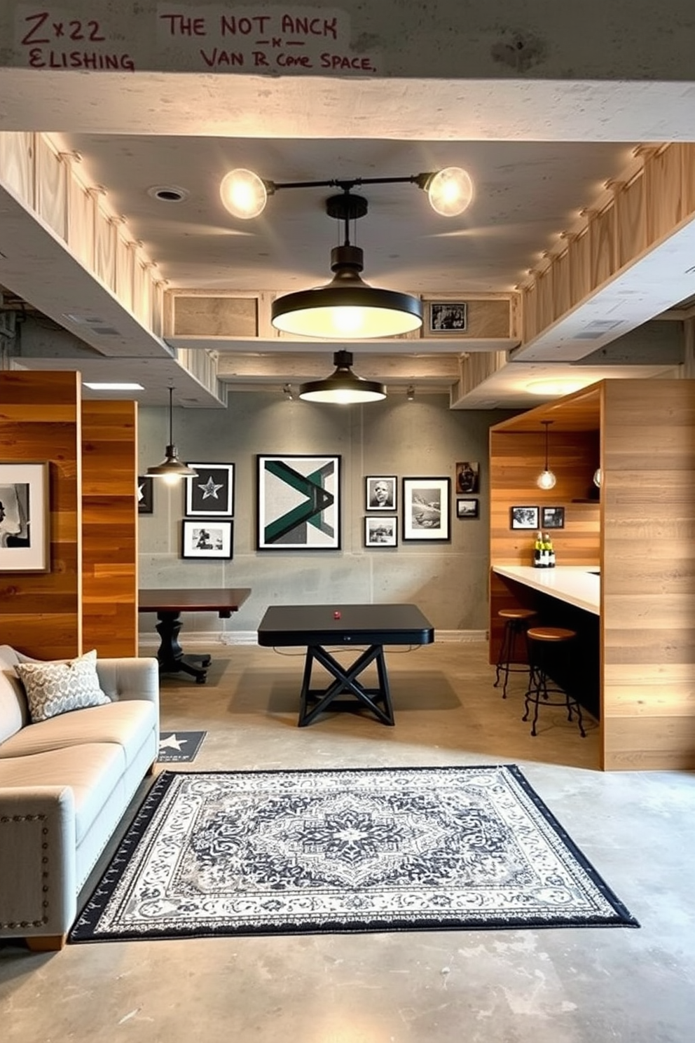 A modern man cave in an unfinished basement featuring creative space partitions. The area includes a cozy lounge with a sectional sofa, a game table, and a bar area, all separated by stylish wooden dividers. The walls are exposed concrete with industrial-style lighting fixtures hanging from the ceiling. A large area rug adds warmth to the space, while framed artwork and memorabilia decorate the partitions, giving the room a personalized touch.