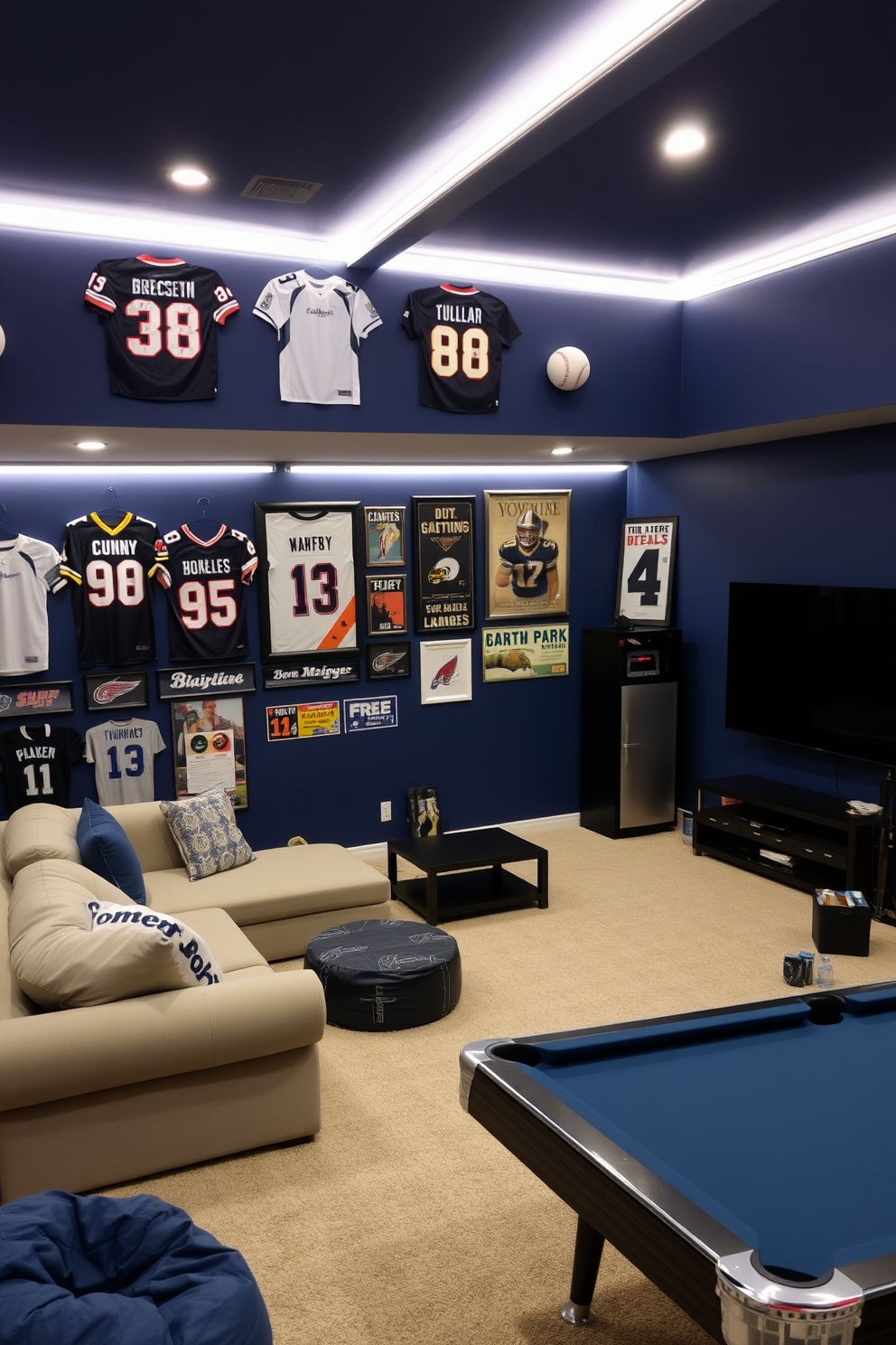 A sports memorabilia display on the walls features framed jerseys, signed baseballs, and vintage posters. The color scheme is navy blue and silver, with LED strip lighting highlighting the collection. An unfinished basement man cave design includes comfortable seating options like a sectional sofa and bean bags. The area is enhanced with a large flat-screen TV, a mini fridge, and a pool table for entertainment.