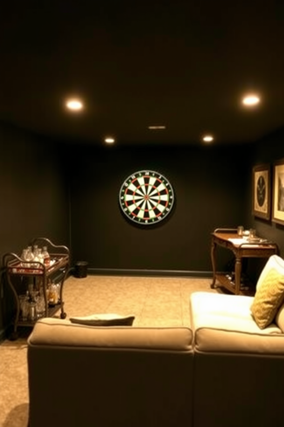 A dartboard area designed for an unfinished basement man cave. The space features warm ambient lighting that highlights the dartboard and a comfortable seating arrangement nearby. The walls are painted in a deep charcoal color, creating a cozy atmosphere. A vintage-style bar cart sits in one corner, stocked with drinks and glassware for entertaining guests.