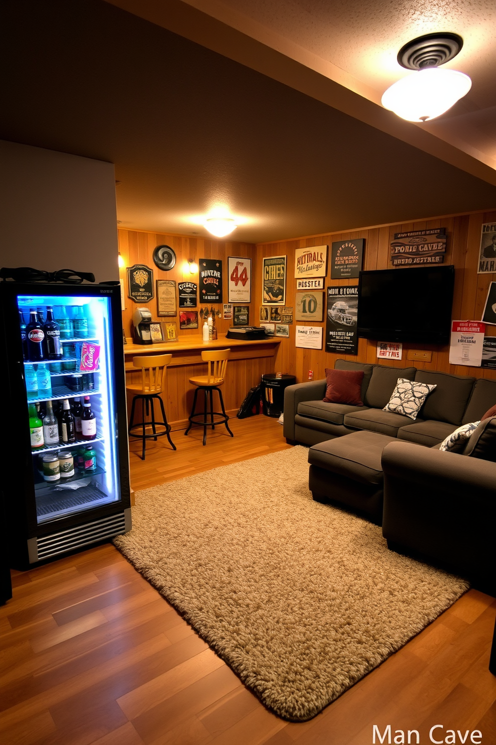 A mini fridge stocked with favorite drinks is positioned against a wall in a cozy unfinished basement. The space features a rustic wooden bar with high stools, and ambient lighting creates a warm atmosphere for relaxation. The man cave design incorporates a large sectional sofa facing a wall-mounted flat-screen TV. Sports memorabilia and vintage posters adorn the walls, while a plush area rug adds comfort underfoot.