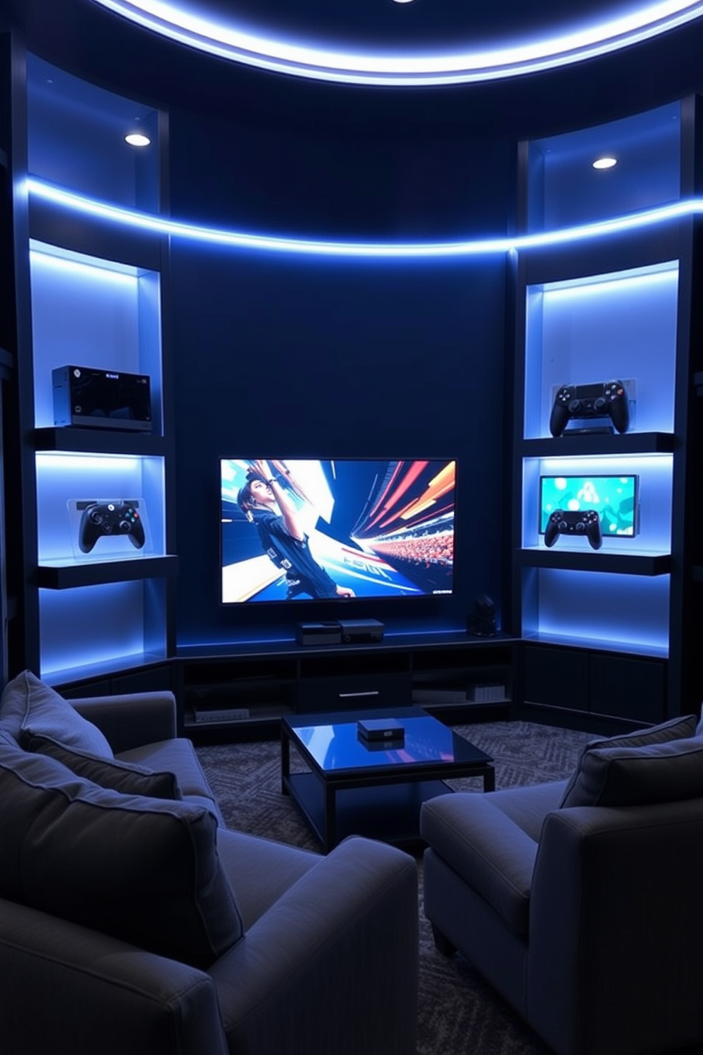 A modern man cave featuring wall-mounted gaming consoles elegantly integrated into custom shelving. The space is illuminated with LED strip lights, creating a vibrant atmosphere for gaming sessions. The walls are painted in a deep navy blue, providing a cozy backdrop for the entertainment area. Plush seating arrangements are positioned to maximize comfort, complemented by a stylish coffee table at the center.