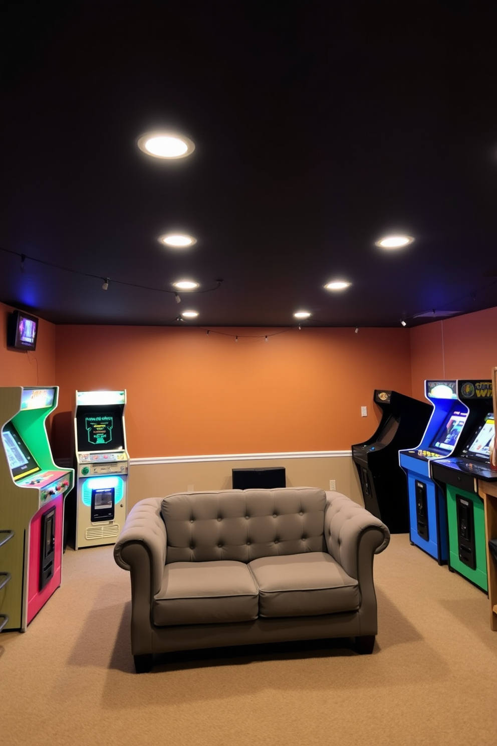 A cozy unfinished basement transformed into a vintage arcade game room. The space features colorful retro arcade machines lined against the walls, with a plush seating area in the center. The walls are painted in a warm, inviting tone, and string lights hang from the ceiling to create a fun atmosphere. A small bar area with stools complements the gaming setup, providing refreshments for friends and family.