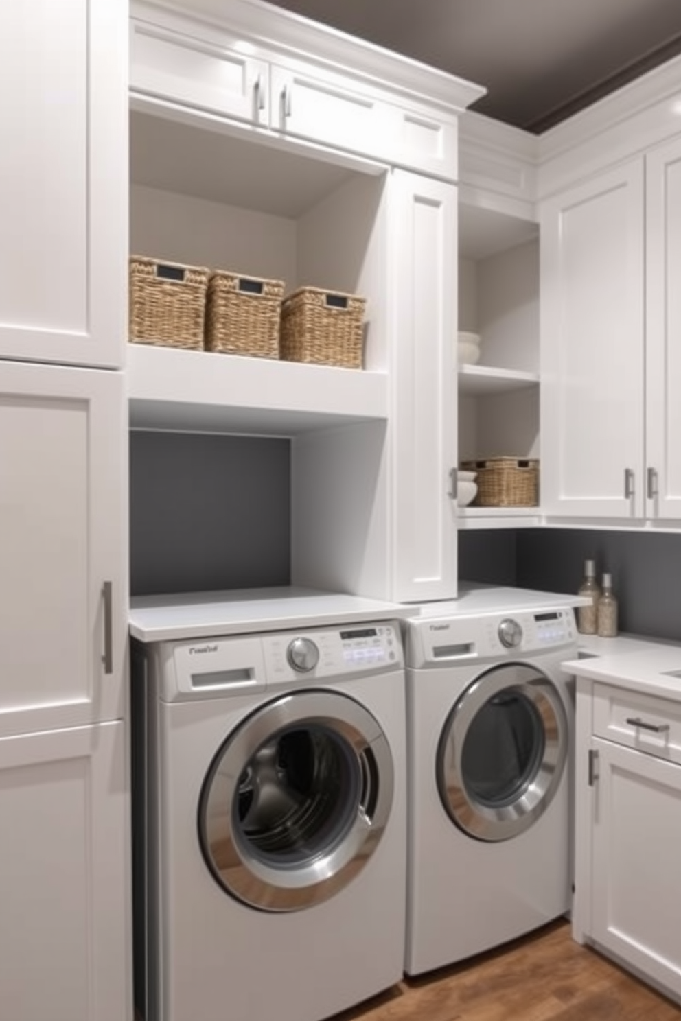 Sleek cabinetry with open shelving creates a modern and functional utility room. The cabinetry features a crisp white finish with minimalist handles, while the open shelves display neatly organized baskets and decorative items. Incorporating a laundry room combo design maximizes space and efficiency. A stacked washer and dryer are seamlessly integrated into the cabinetry, with a folding countertop above for convenience.