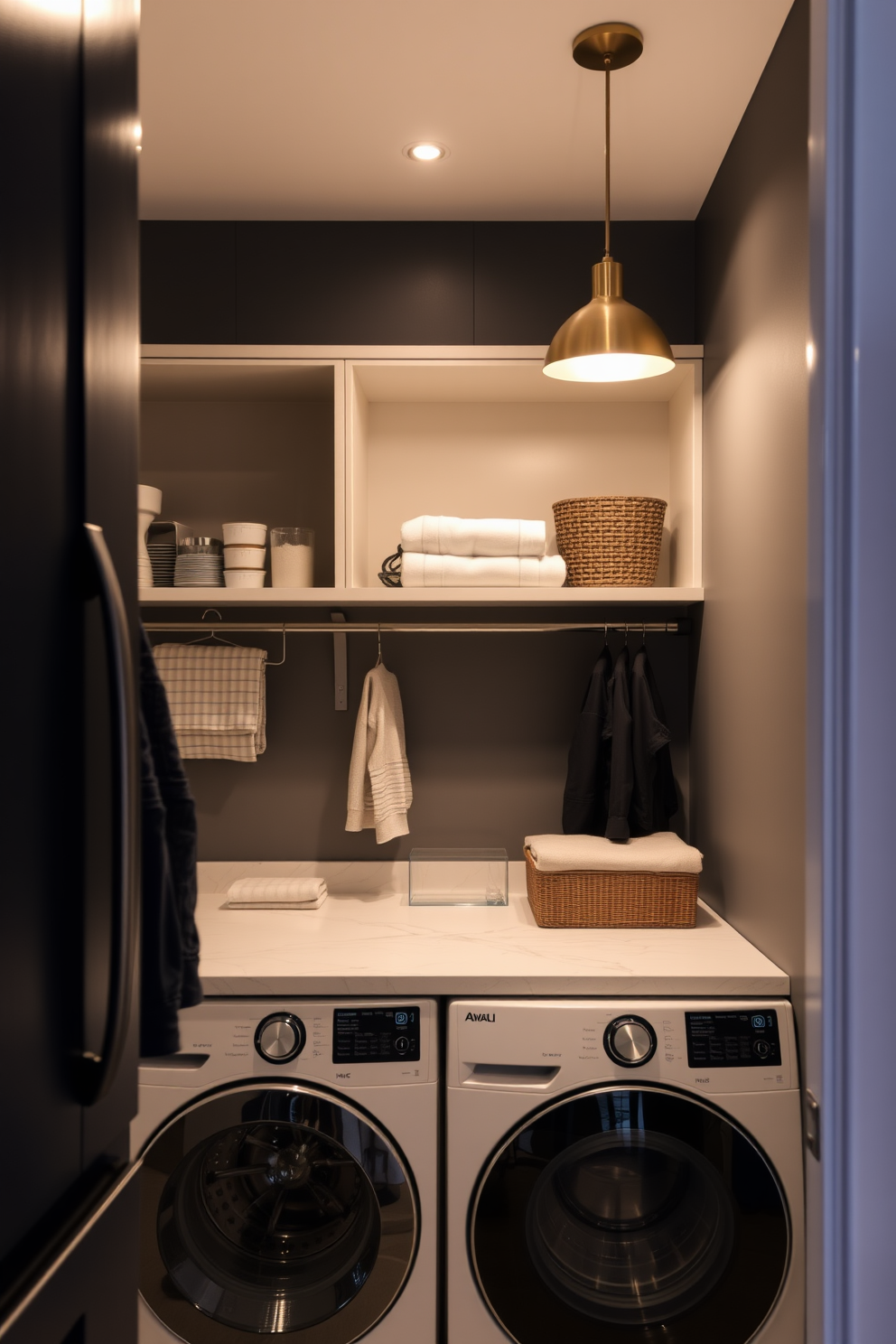 A modern utility room laundry room combo features sleek light fixtures that illuminate the space with a warm glow. The design incorporates open shelving for easy access to laundry supplies and a stylish countertop for folding clothes.