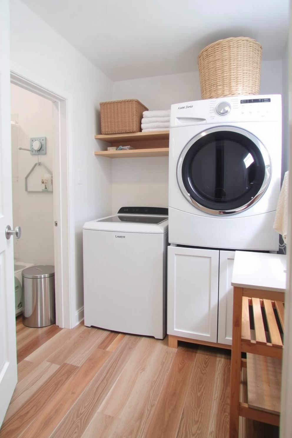 A utility room laundry room combo featuring floor tiles that mimic the look of natural wood. The space is bright and functional, with a stacked washer and dryer placed against one wall and a folding station on the opposite side.