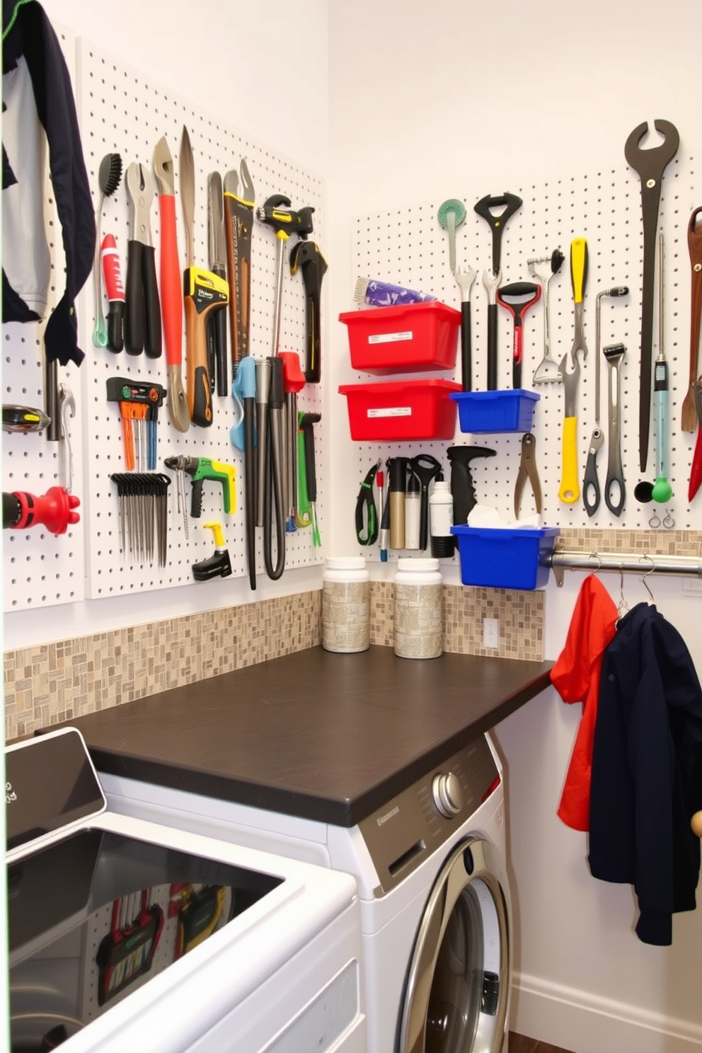 Organized pegboard for tools and supplies in a utility room. The pegboard is mounted on the wall, featuring neatly arranged tools and colorful storage bins for easy access. A laundry room combo design that maximizes space and functionality. The area includes a stacked washer and dryer, with a countertop above for folding clothes and a stylish backsplash to enhance the aesthetic.