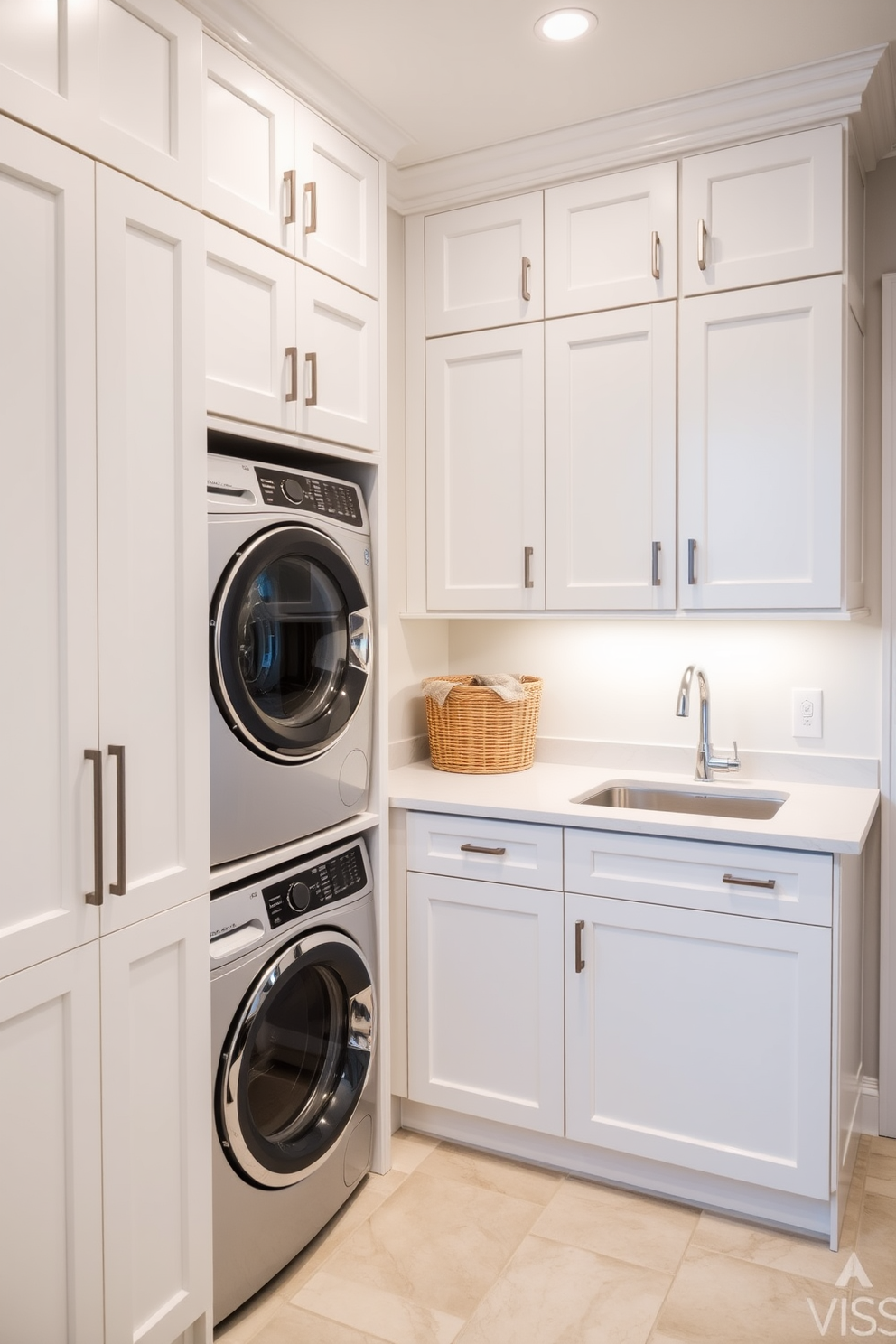 A functional utility room with hidden appliances behind sleek cabinet doors creates a clean and organized look. The cabinetry is finished in a soft white hue, complementing the light gray walls and providing a bright, airy atmosphere. The laundry area features a stacked washer and dryer seamlessly integrated into the cabinetry. A spacious countertop made of durable quartz provides ample space for folding clothes, while stylish baskets are neatly arranged for storage.