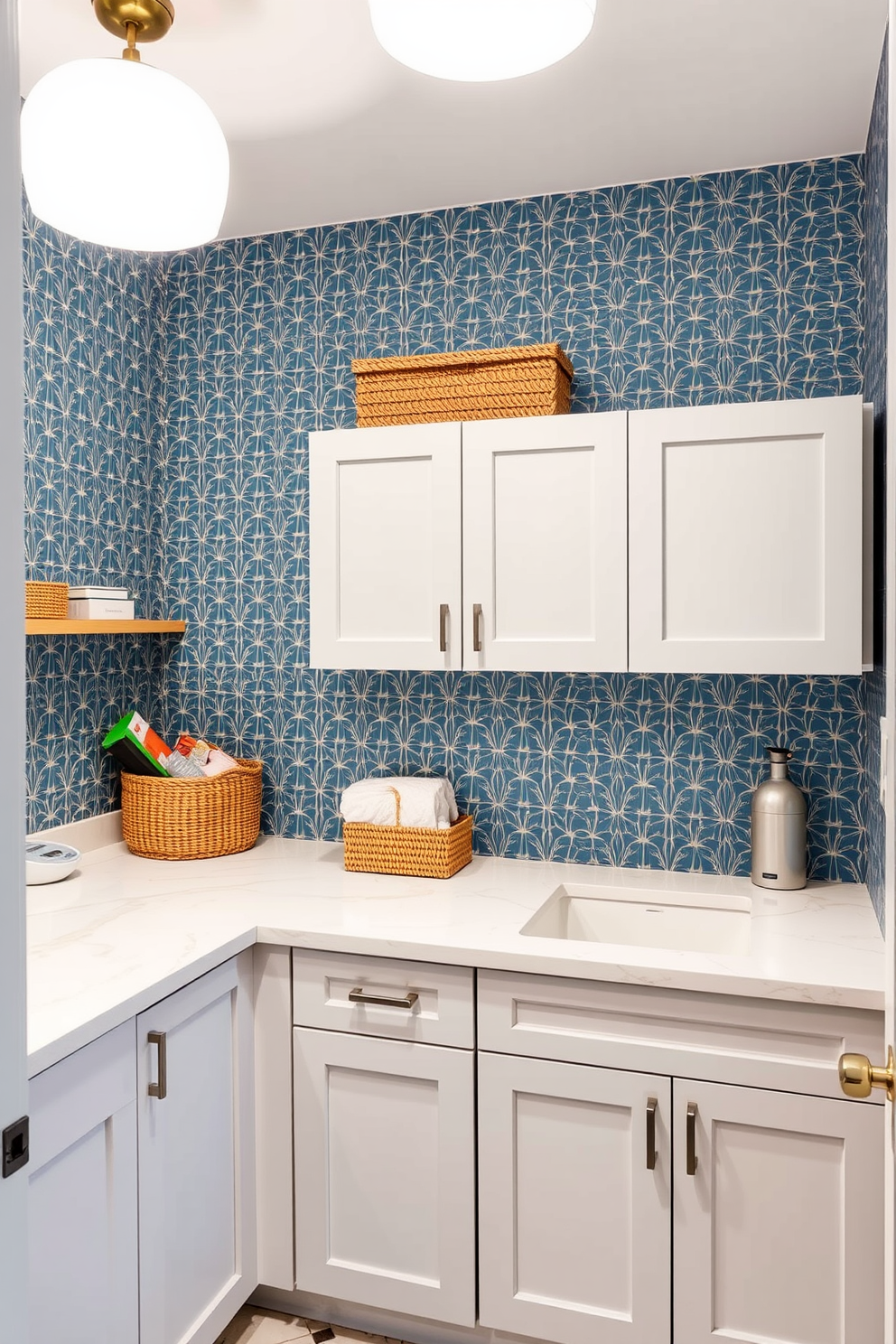 Chic wallpaper adorns the walls of the utility room, featuring a vibrant geometric pattern that adds a playful touch to the space. The laundry room combo is designed with sleek cabinetry, providing ample storage while maintaining a stylish aesthetic. The countertop is made of durable quartz, offering a practical surface for folding laundry and organizing supplies. Bright lighting fixtures illuminate the area, creating a welcoming environment for household tasks.