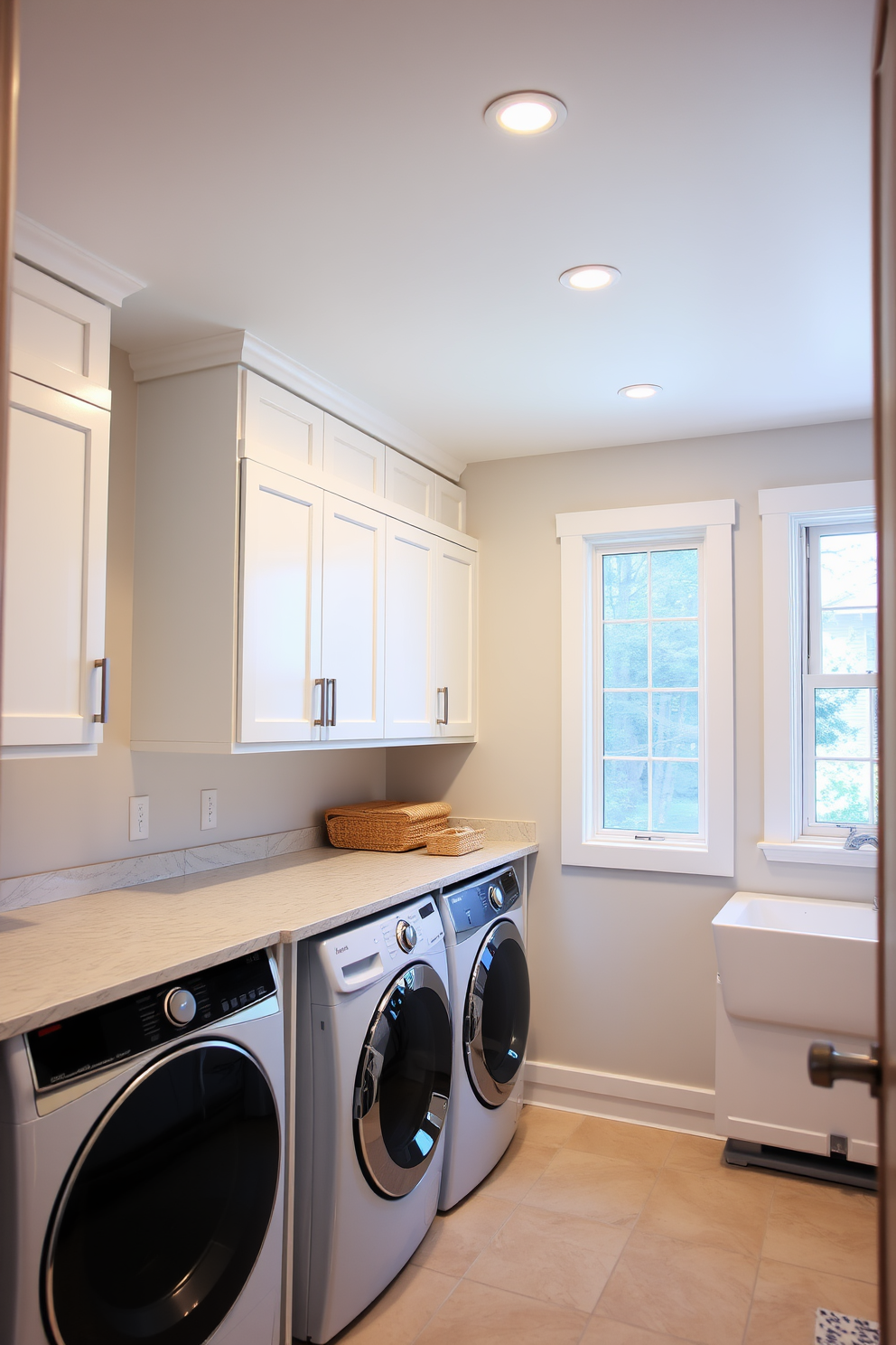 A bright and airy utility room features recessed lighting that illuminates the space evenly. The room includes a combination of a laundry area and storage solutions, with sleek cabinets and a countertop for folding clothes. The laundry appliances are integrated seamlessly into the cabinetry, providing a streamlined look. A large window allows natural light to flood in, enhancing the welcoming atmosphere of the room.