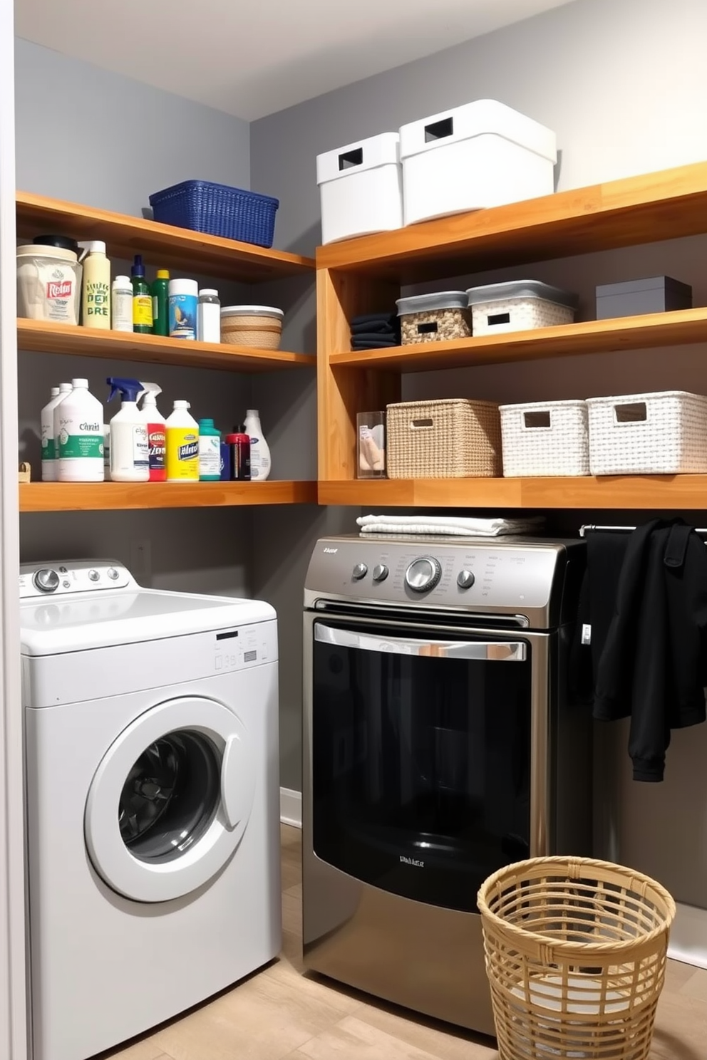 A functional utility room and laundry room combo features open shelving for easy access to cleaning supplies and laundry essentials. The shelves are made of sturdy wood, providing a warm contrast to the sleek, modern appliances below. The walls are painted in a soft gray tone, enhancing the bright and airy feel of the space. A stylish laundry basket sits on the floor, while decorative bins on the shelves keep items organized and within reach.