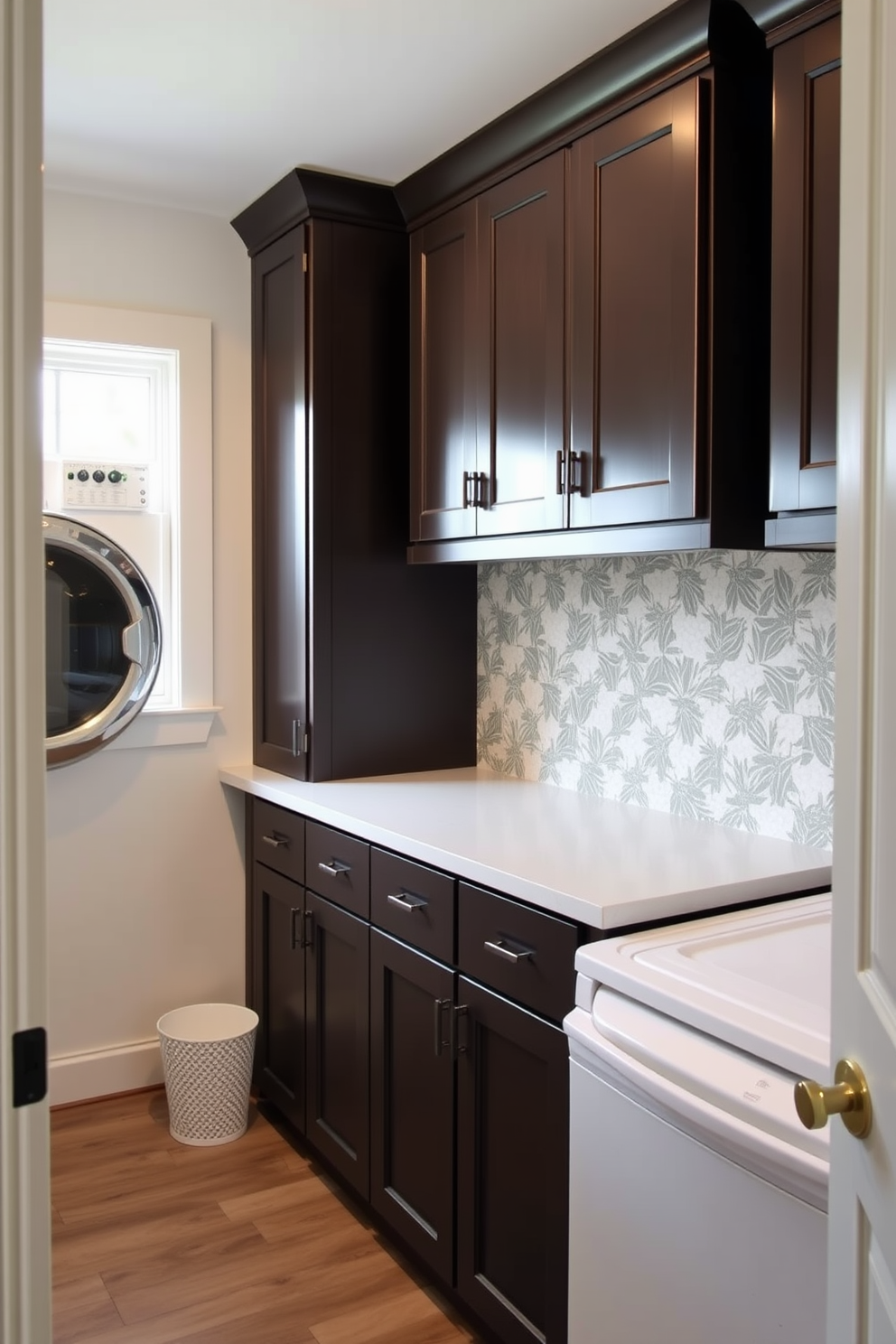 A functional utility room laundry room combo features ample counter space for folding laundry. The design includes built-in cabinetry for storage and a stylish backsplash that complements the overall aesthetic.