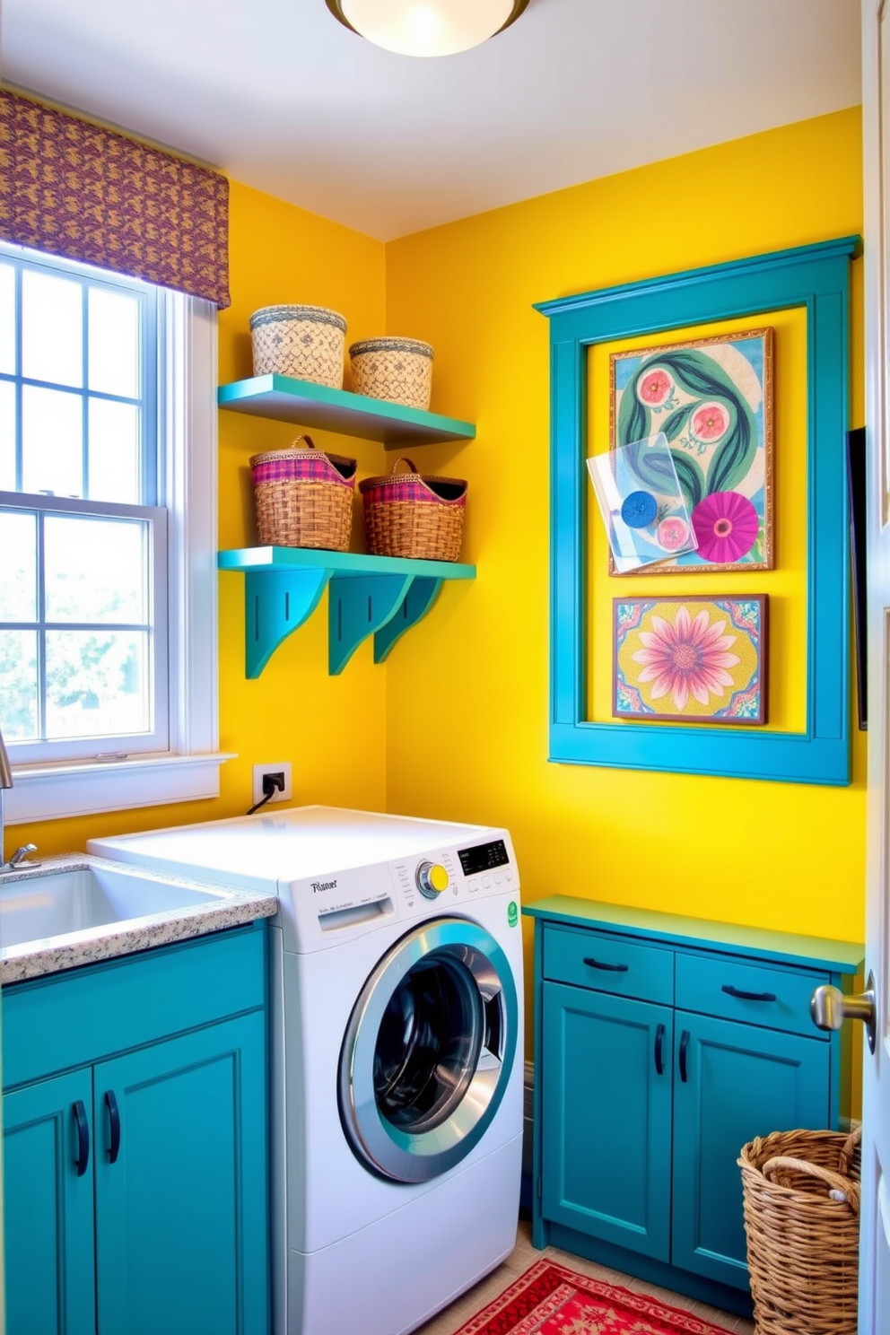 A bright and inviting utility room laundry room combo features vibrant yellow walls that create a cheerful atmosphere. The space includes a stacked washer and dryer, surrounded by open shelving painted in a contrasting teal color for storage. A large window allows natural light to flood the room, enhancing the lively color scheme. Decorative baskets and colorful wall art add personality and warmth to the design.