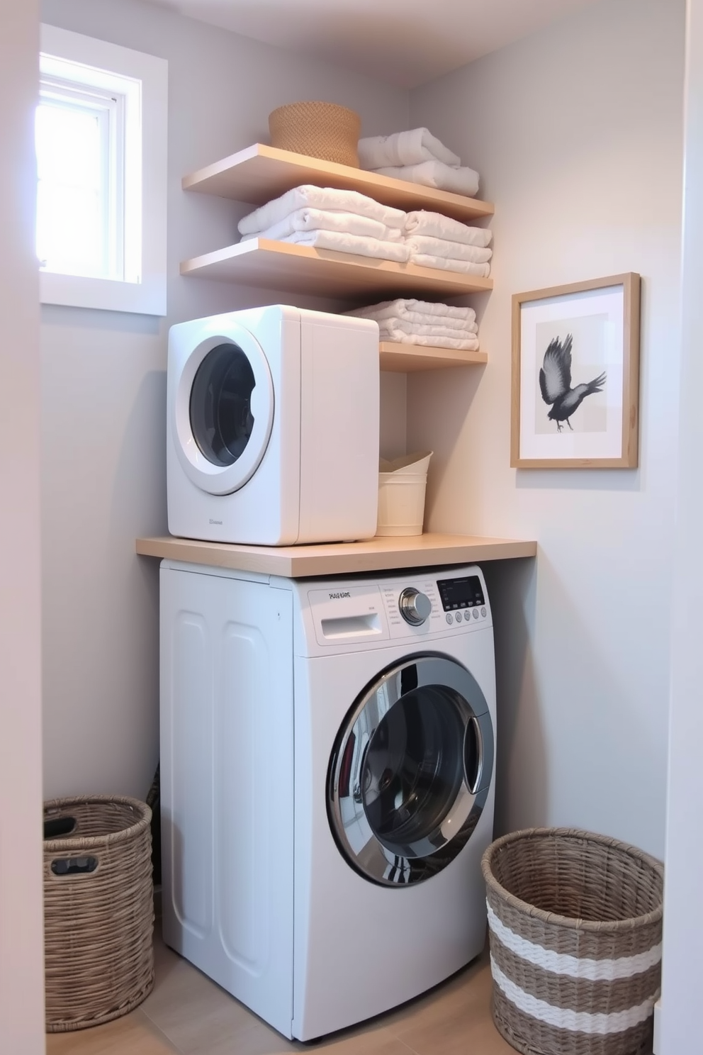 A cozy laundry nook tucked into a hallway features a compact washing machine and dryer stacked side by side. Above them, open shelving displays neatly folded towels and laundry supplies, while a small counter space allows for sorting and folding clothes. The walls are painted in a soft light gray, creating a bright and airy feel. A woven basket for dirty laundry sits on the floor, and a framed artwork adds a personal touch to the space.