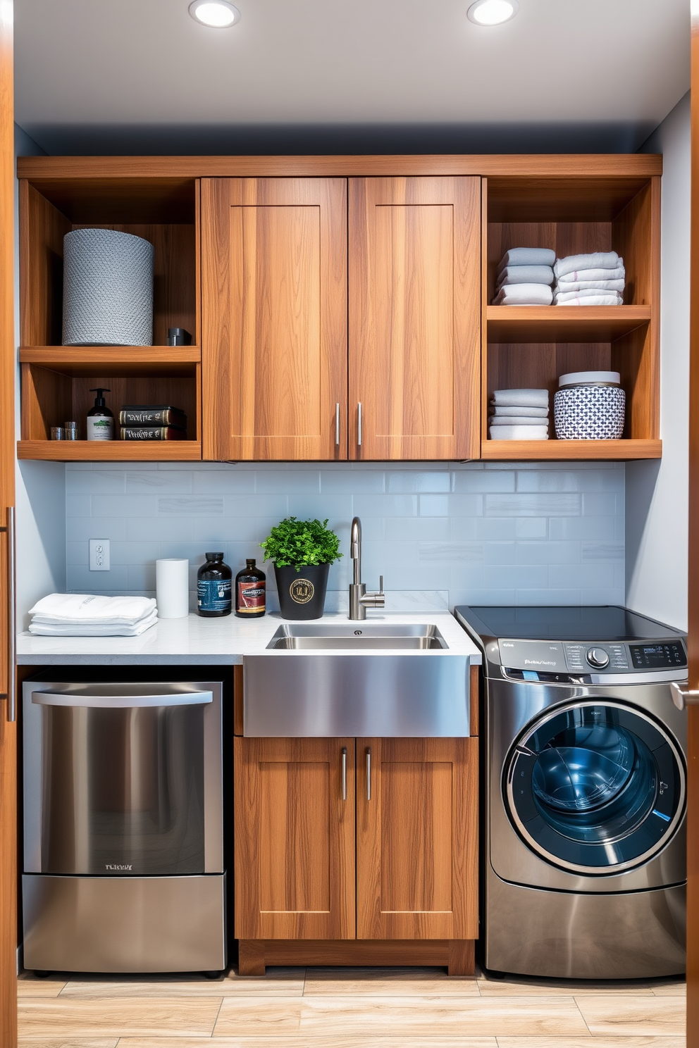 A modern utility room laundry room combo featuring a blend of warm wood finishes and sleek metal accents. The cabinetry is crafted from rich oak, complemented by stainless steel appliances and fixtures that add a contemporary touch. The space includes a spacious countertop for folding clothes, with open shelving above displaying neatly organized laundry supplies. A stylish sink is integrated into the design, surrounded by decorative elements that enhance the room's functionality and aesthetic appeal.