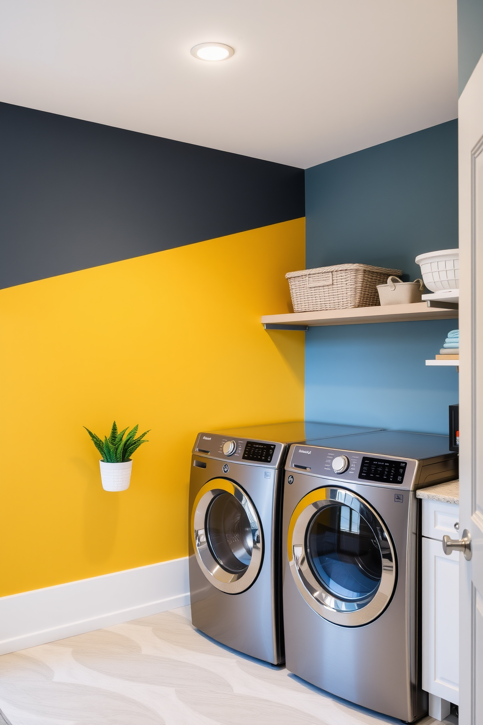 Accent wall with bold paint color. The utility room features a modern laundry room combo with sleek appliances and ample storage.