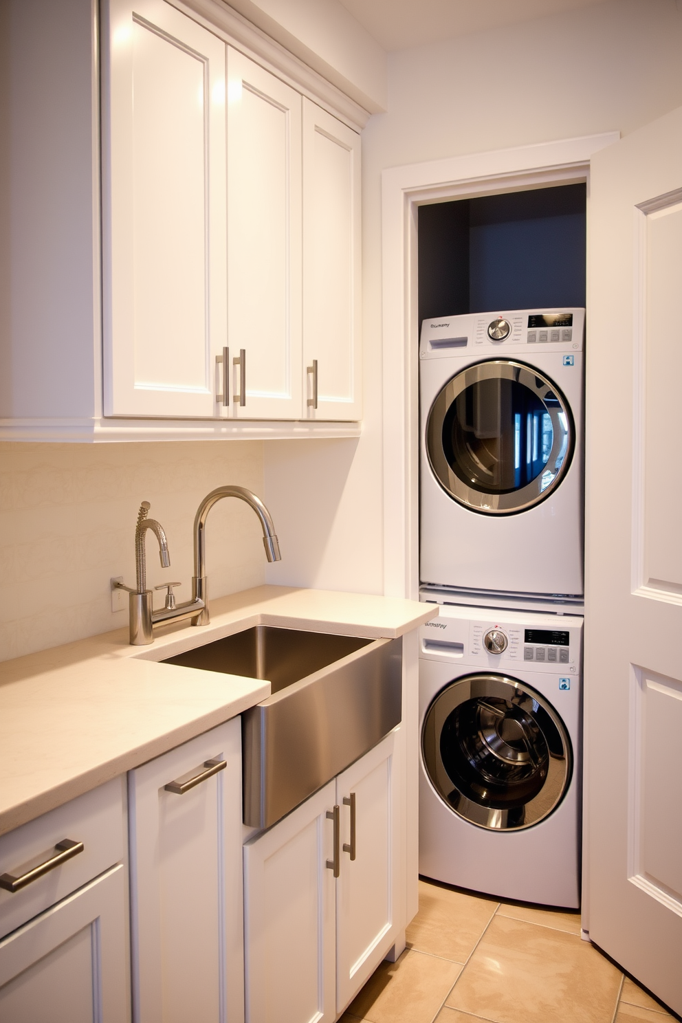 A functional utility sink is paired with a sleek and modern faucet, emphasizing both style and practicality. The surrounding cabinetry features a clean white finish, providing ample storage space for laundry essentials. The utility room seamlessly integrates with the laundry area, showcasing a stacked washer and dryer for efficient use of space. Soft lighting illuminates the room, highlighting a decorative backsplash that adds a touch of elegance to the overall design.