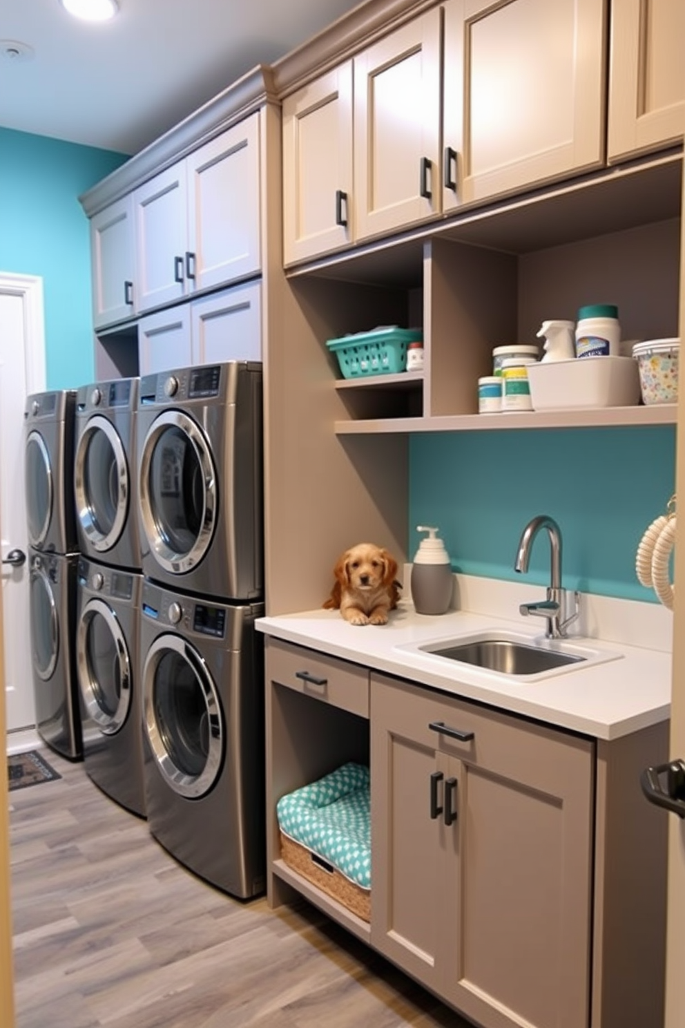 A stylish laundry room featuring an integrated pet area designed for convenience and functionality. The space includes a built-in dog bed beneath a countertop, with storage for pet supplies and a small washing station for grooming. The walls are adorned with cheerful colors, while the flooring is durable and easy to clean. Ample cabinetry provides organization for both laundry essentials and pet-related items, creating a harmonious blend of utility and comfort.