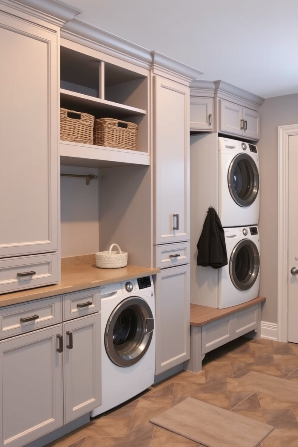 Functional mudroom with laundry space featuring built-in cabinetry for storage and a bench for seating. The walls are painted in a soft gray tone, and the floor is covered with durable, water-resistant tiles. The laundry area includes a stacked washer and dryer, with a countertop above for folding clothes. Shelving above provides additional storage for laundry essentials and decorative baskets.