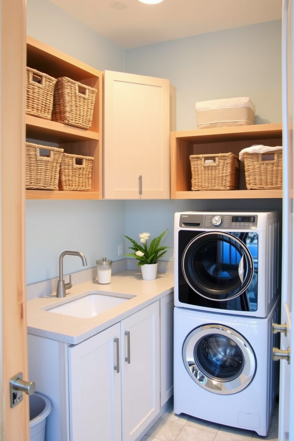 A utility room laundry room combo features decorative baskets arranged on sturdy shelves, adding a touch of style while maintaining functionality. The baskets are woven in natural fibers, complementing the warm wood tones of the cabinetry and the bright, airy atmosphere of the space. The laundry area includes a sleek washer and dryer stacked for space efficiency, with a countertop above for folding clothes. A soft color palette of pale blue and white enhances the room's inviting feel, while a small potted plant adds a refreshing touch of greenery.