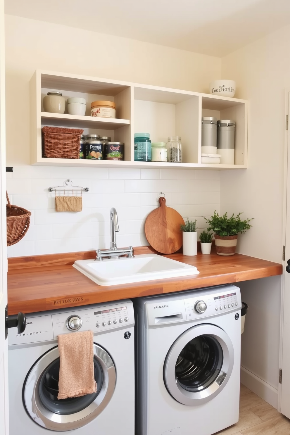 A charming utility room featuring a farmhouse sink with vintage accents. The walls are painted in a soft cream color, and open shelving displays neatly arranged laundry supplies. A rustic wooden countertop complements the sink, while a retro-style washing machine and dryer are tucked beneath the counter. Decorative elements like a woven basket and potted herbs add warmth and character to the space.