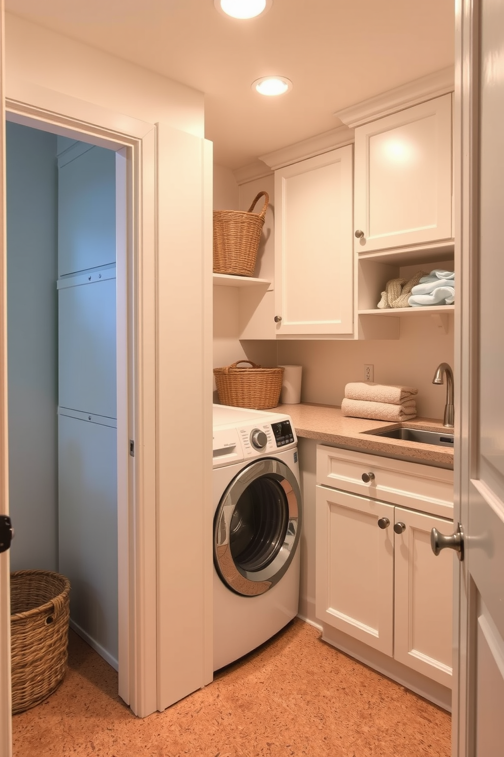 A cozy utility room featuring cork flooring that provides comfort and warmth underfoot. The space includes a stacked washer and dryer, along with a countertop for folding laundry and ample storage cabinets in a soft white finish.