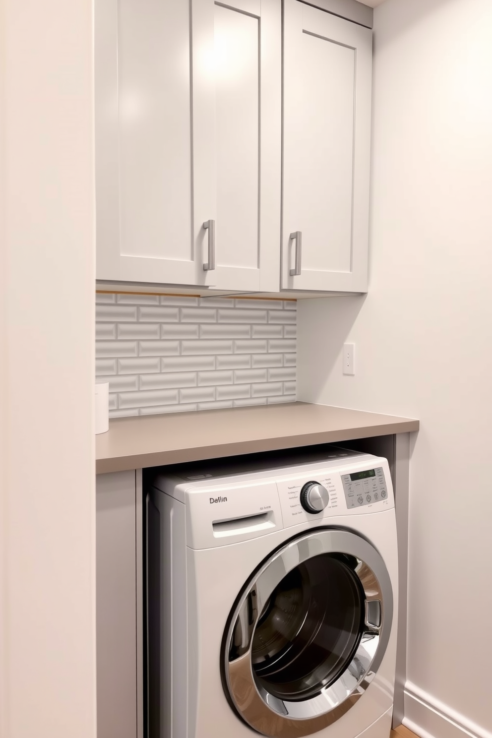 A compact washer dryer is neatly integrated under a sleek countertop in a modern utility room. The space features light gray cabinetry above, providing ample storage while maintaining a clean and organized look. The walls are painted in a soft white, enhancing the brightness of the room. A stylish backsplash of small subway tiles adds a touch of elegance behind the washer dryer unit, creating a functional yet attractive laundry area.