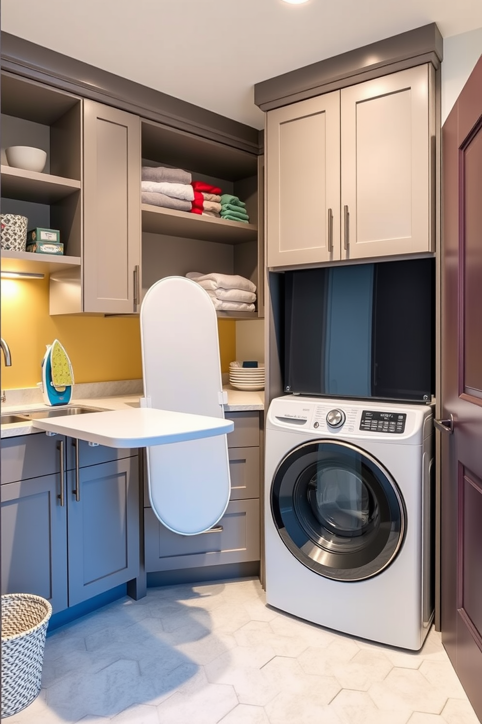 A utility room designed for efficiency features a built-in ironing board that folds neatly into the cabinetry. The room includes ample storage with sleek cabinets and a countertop for folding laundry, creating a seamless workflow. The laundry room combo showcases a modern washer and dryer stacked to save space, surrounded by stylish cabinetry. Bright lighting and a cheerful color palette enhance the functionality while maintaining an inviting atmosphere.