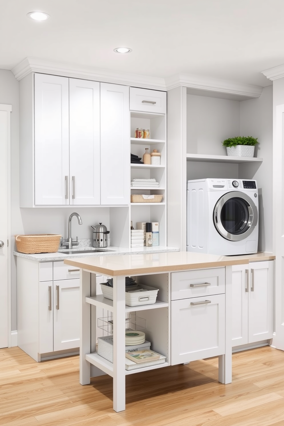 A multi-functional island serves as both a workspace and a storage solution in the utility room. It features built-in cabinets and shelves, providing ample space for laundry essentials and household items. The laundry room combo design incorporates a sleek washer and dryer stacked vertically beside the island. Bright lighting illuminates the space, while a neutral color palette enhances the room's functionality and style.