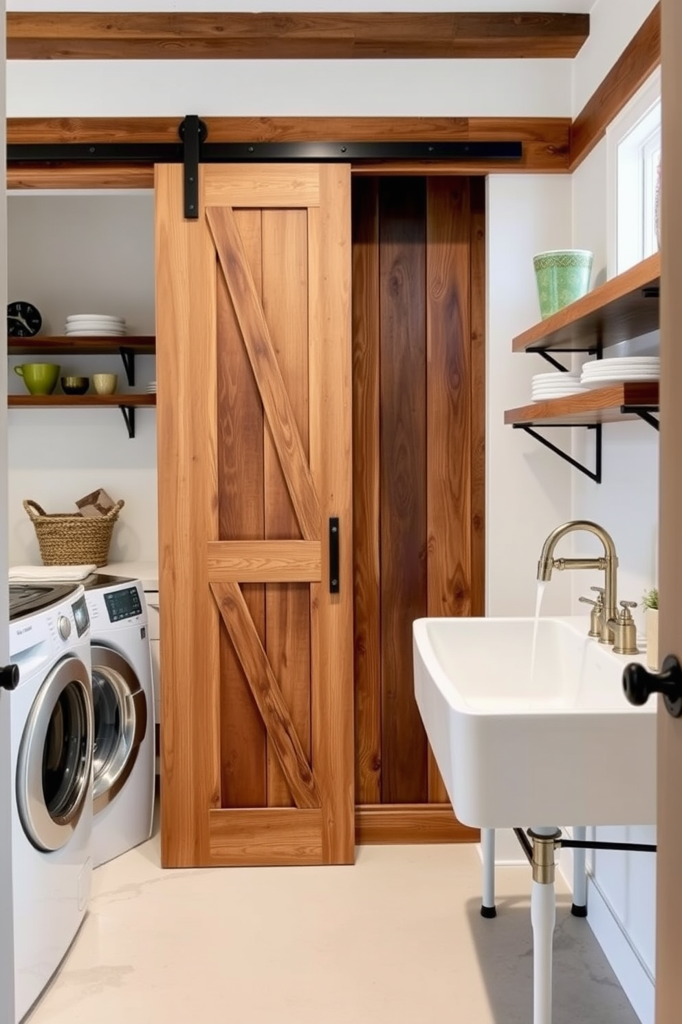 A utility room that combines a laundry area with rustic charm features sliding barn doors made of reclaimed wood. The space includes open shelving for storage and a farmhouse sink complemented by vintage-style fixtures.