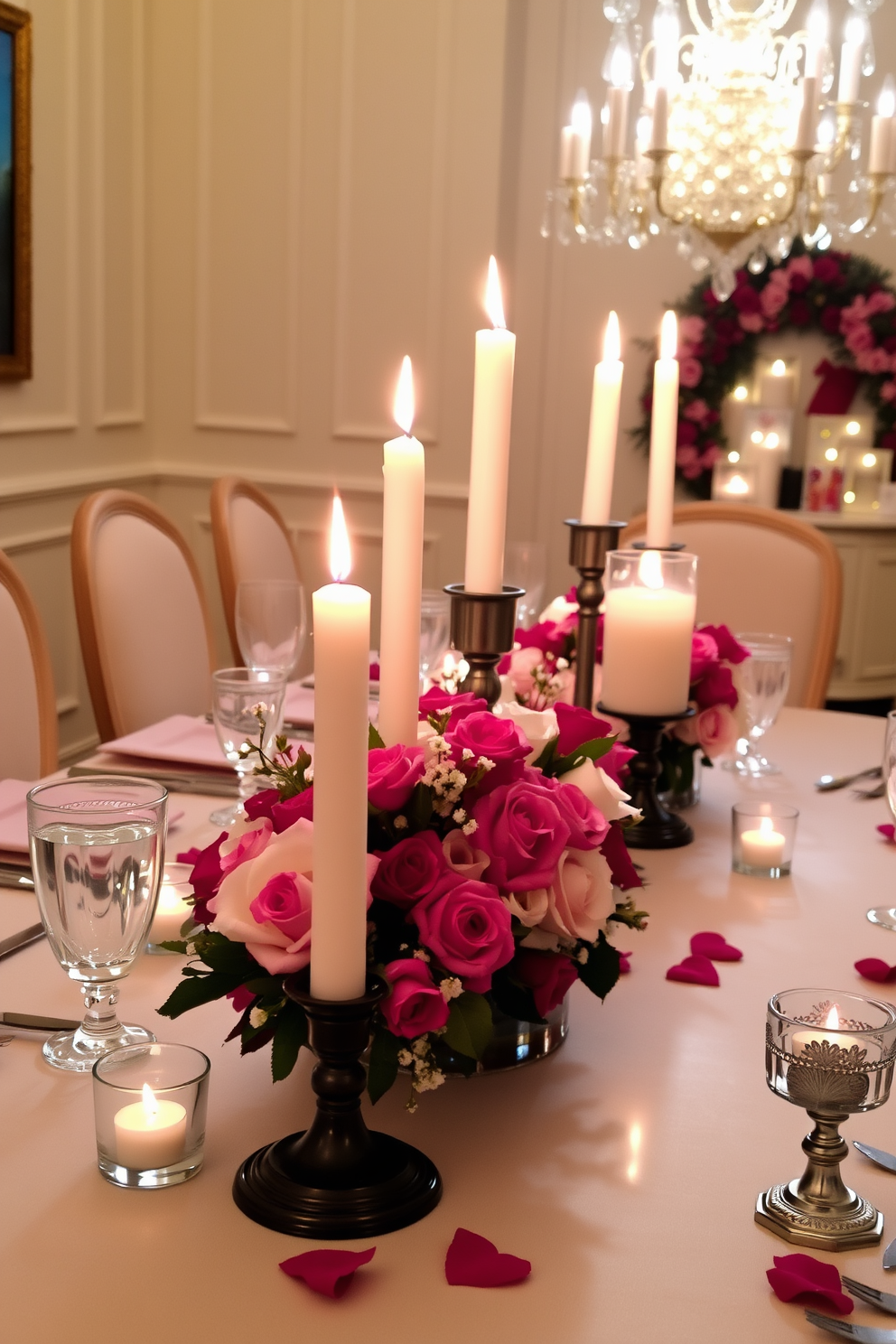 Romantic candle displays adorn elegant tabletops, creating a warm and inviting atmosphere. Softly flickering flames illuminate delicate floral arrangements and charming decorative accents, perfect for a Valentine's Day celebration.