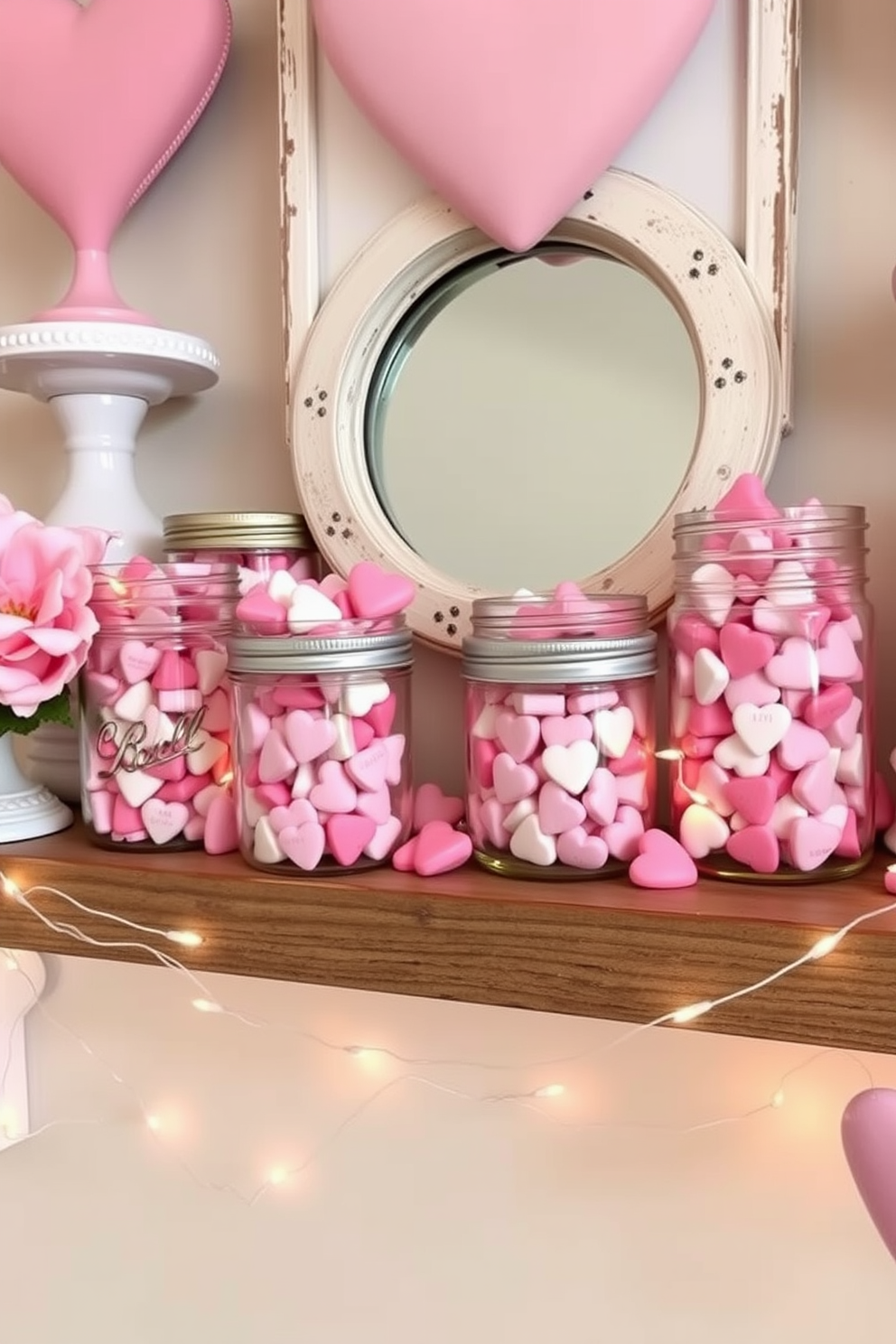 Create a charming display of decorative jars filled with conversation hearts for a Valentine's Day theme. Arrange the jars on a rustic wooden shelf, surrounded by soft pink and white accents to enhance the romantic atmosphere. Incorporate fairy lights around the jars to add a warm glow, creating an inviting focal point. Use a mix of vintage and modern jars to add character and interest to the overall design.