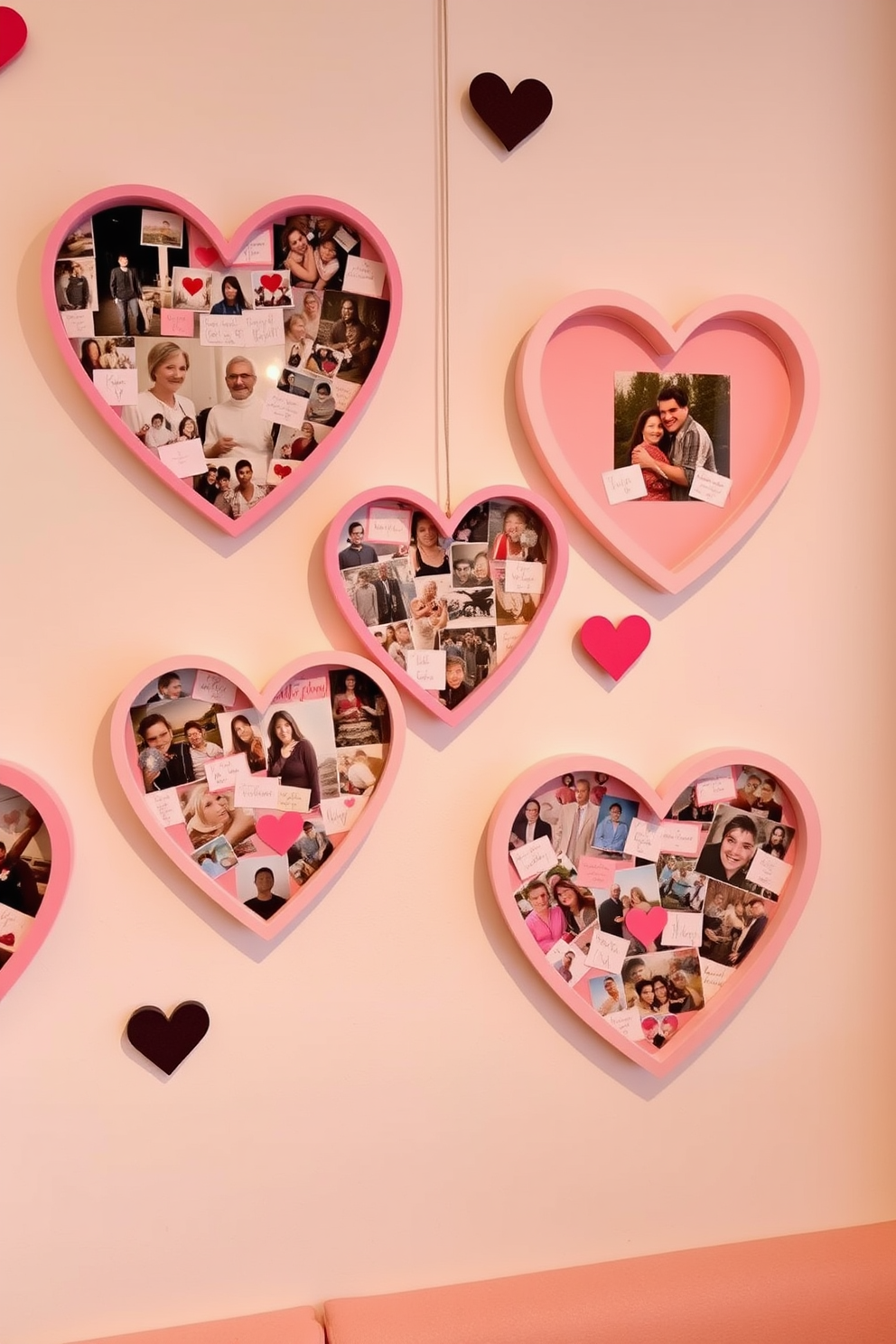 Heart-shaped photo collages adorn the walls creating a warm and romantic atmosphere perfect for Valentine's Day. The collages feature a mix of cherished memories and love notes, framed in soft pastel colors to enhance the cozy feel of the space.