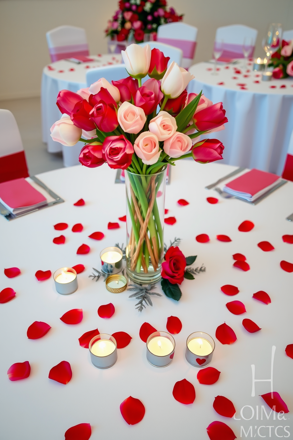 A romantic dining table setting adorned with elegant Valentine-themed centerpieces. The table features a white tablecloth with red and pink rose petals scattered across it. In the center, a tall glass vase holds a bouquet of fresh roses and tulips. Surrounding the vase, small heart-shaped candles flicker softly, creating a warm and inviting atmosphere.