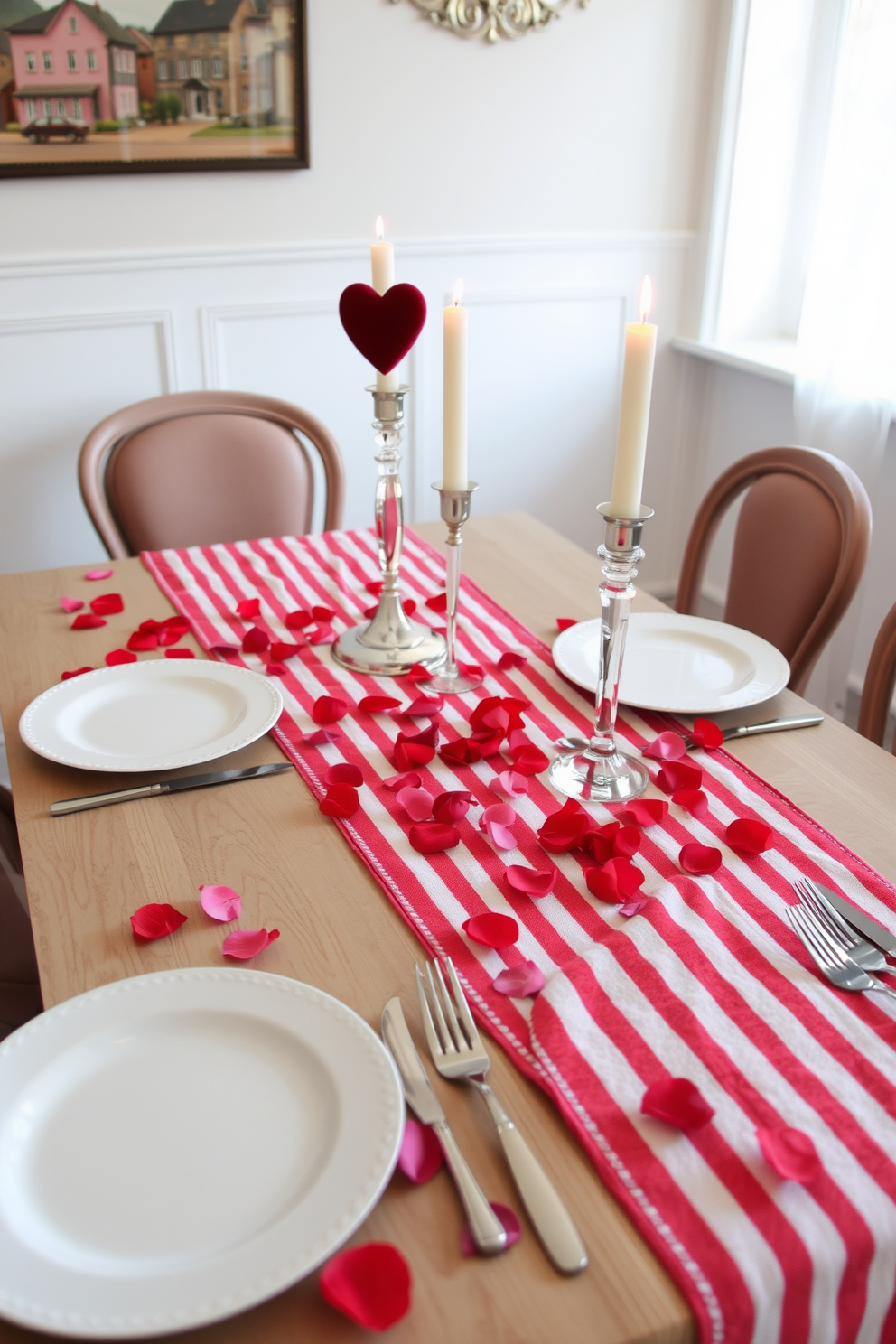 A charming dining table setting for Valentine's Day. The table is adorned with a red and white striped table runner that adds a festive touch, complemented by white plates and silver cutlery. Scattered rose petals in shades of red and pink create a romantic atmosphere. Soft candlelight from elegant candlesticks enhances the intimate feel of the space.